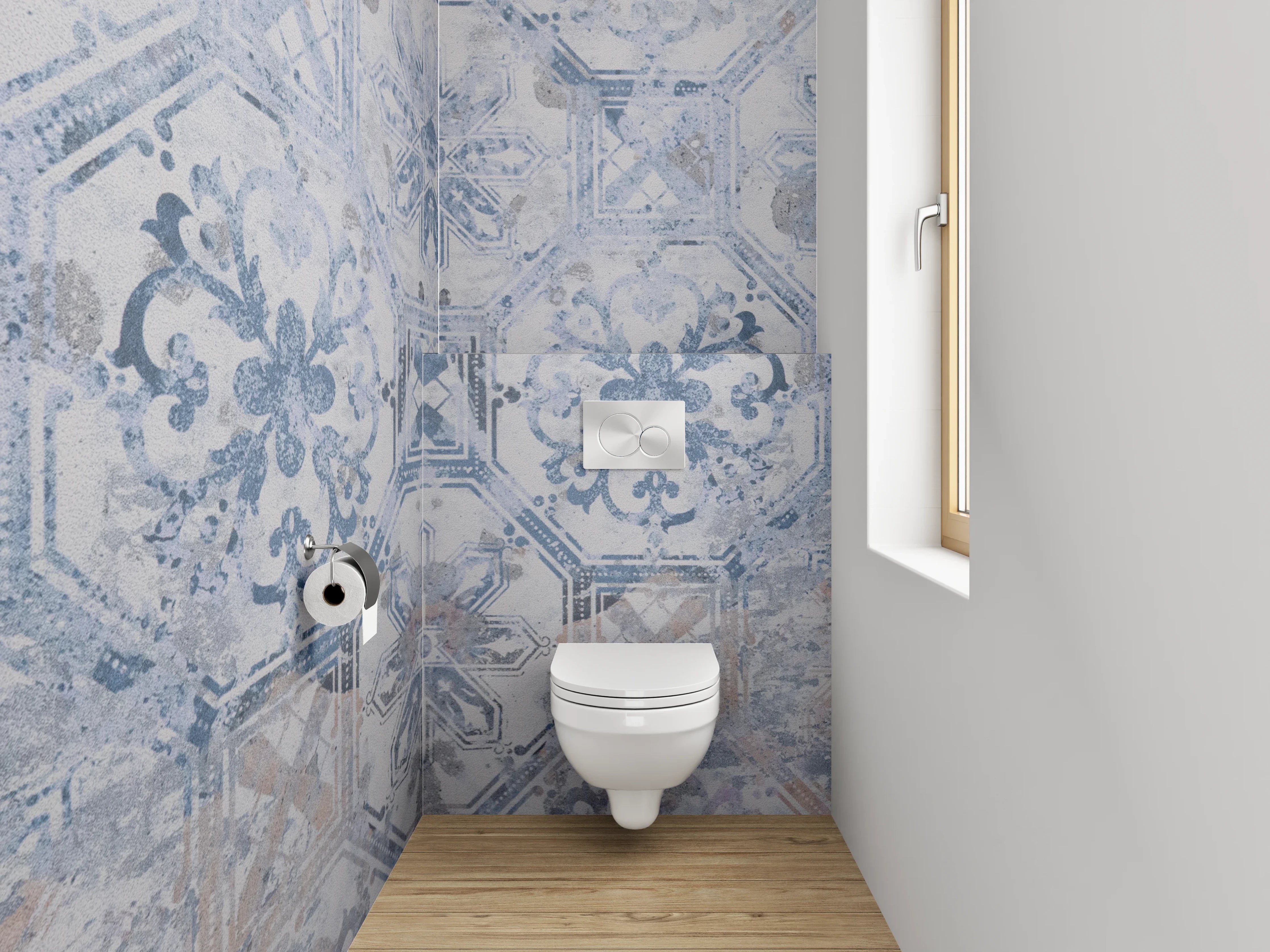 WC-Rückwand - Vintage Fliesenmuster Blau-Grau