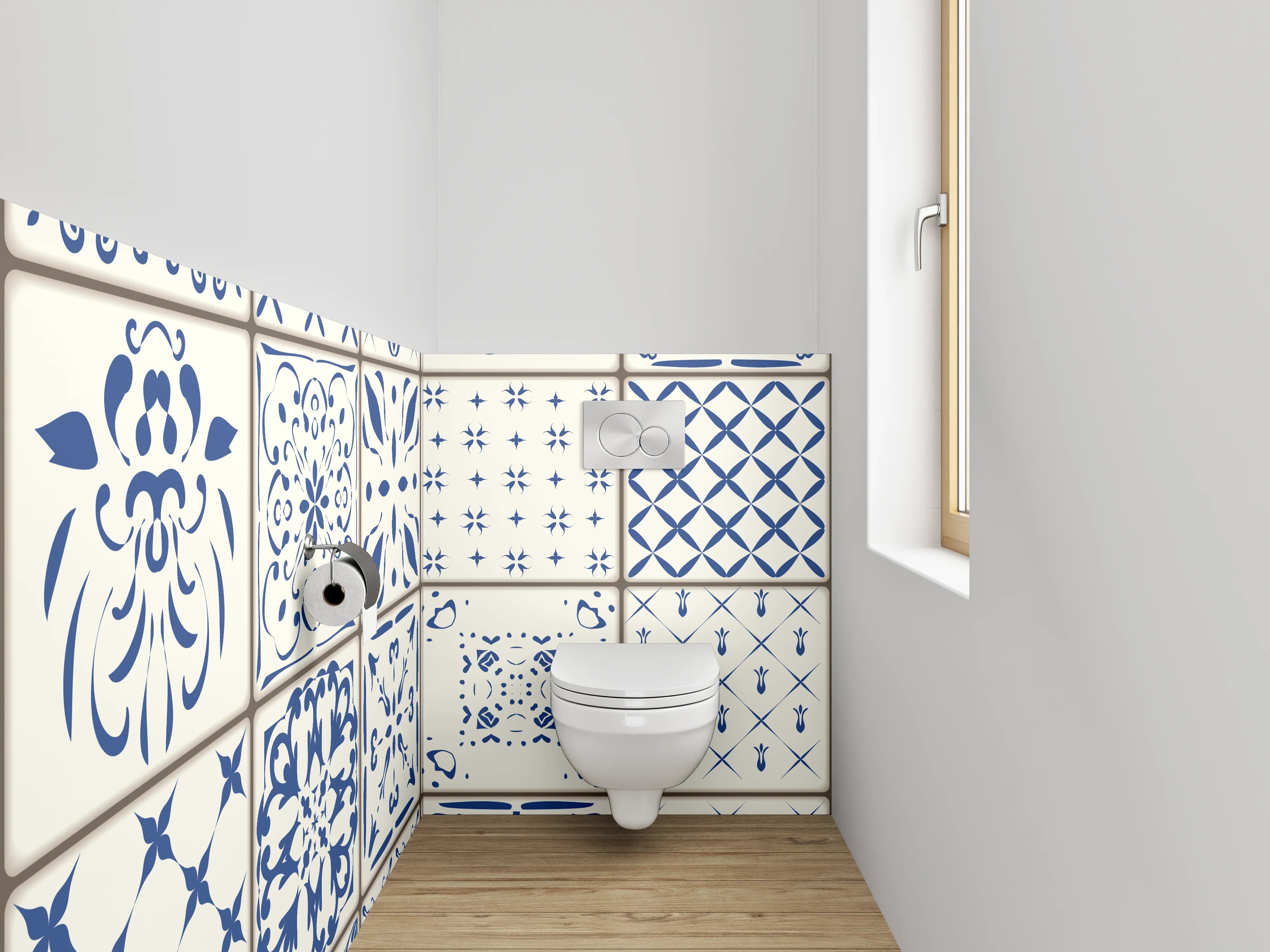 WC-Rückwand - Vintage Fliesenmuster Blau Weiß