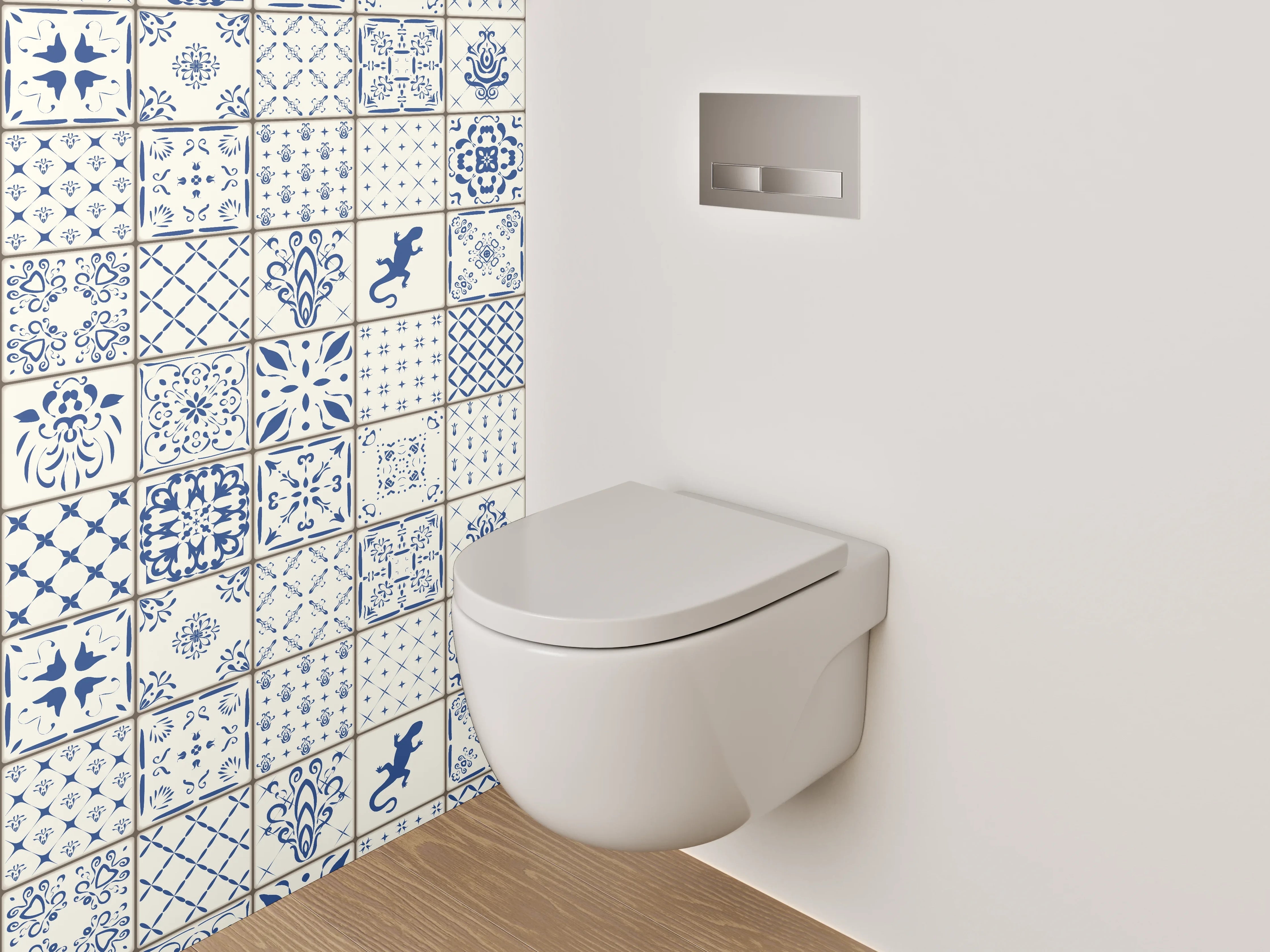 WC-Rückwand - Vintage Fliesenmuster Blau Weiß