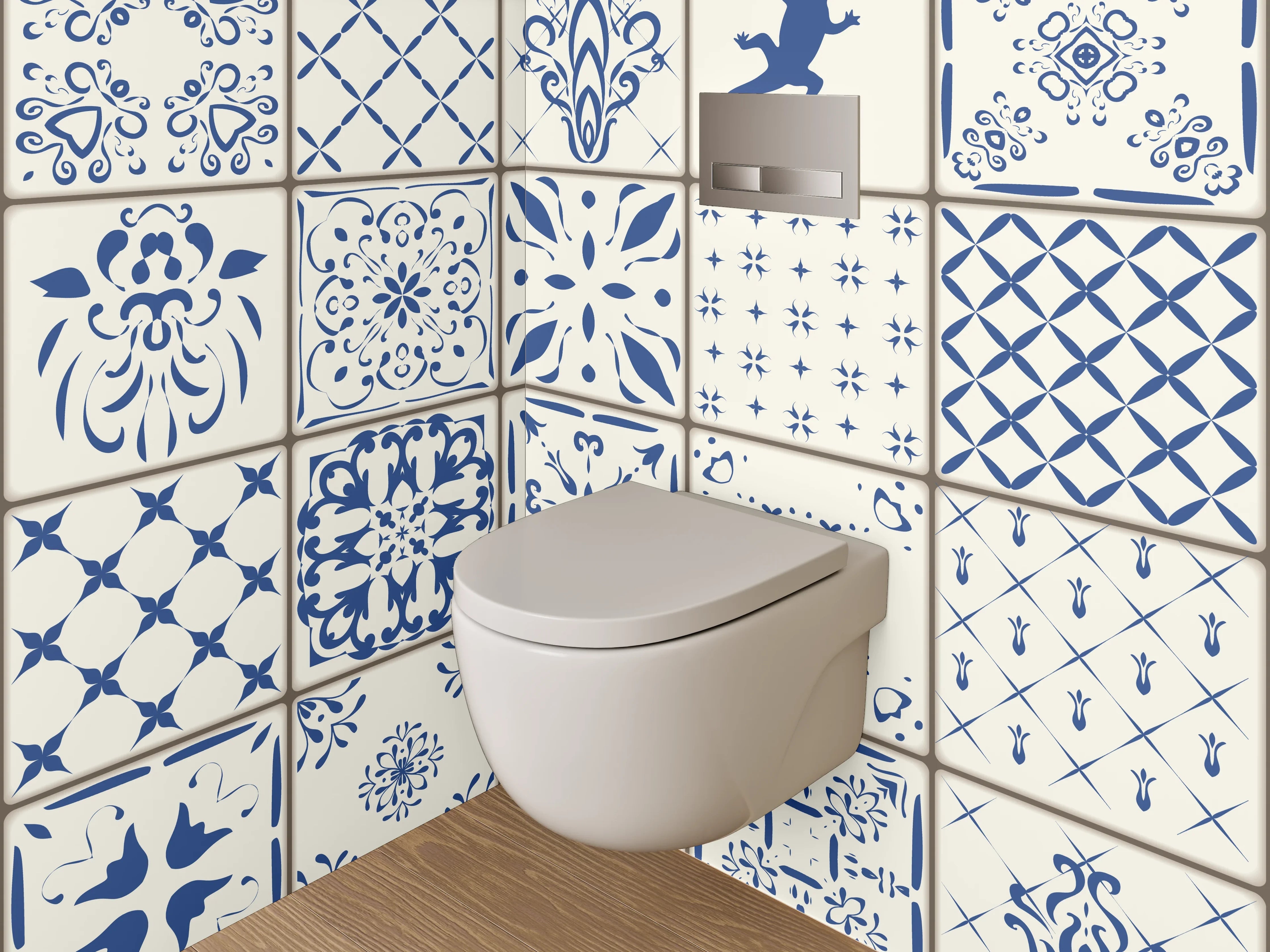 WC-Rückwand - Vintage Fliesenmuster Blau Weiß