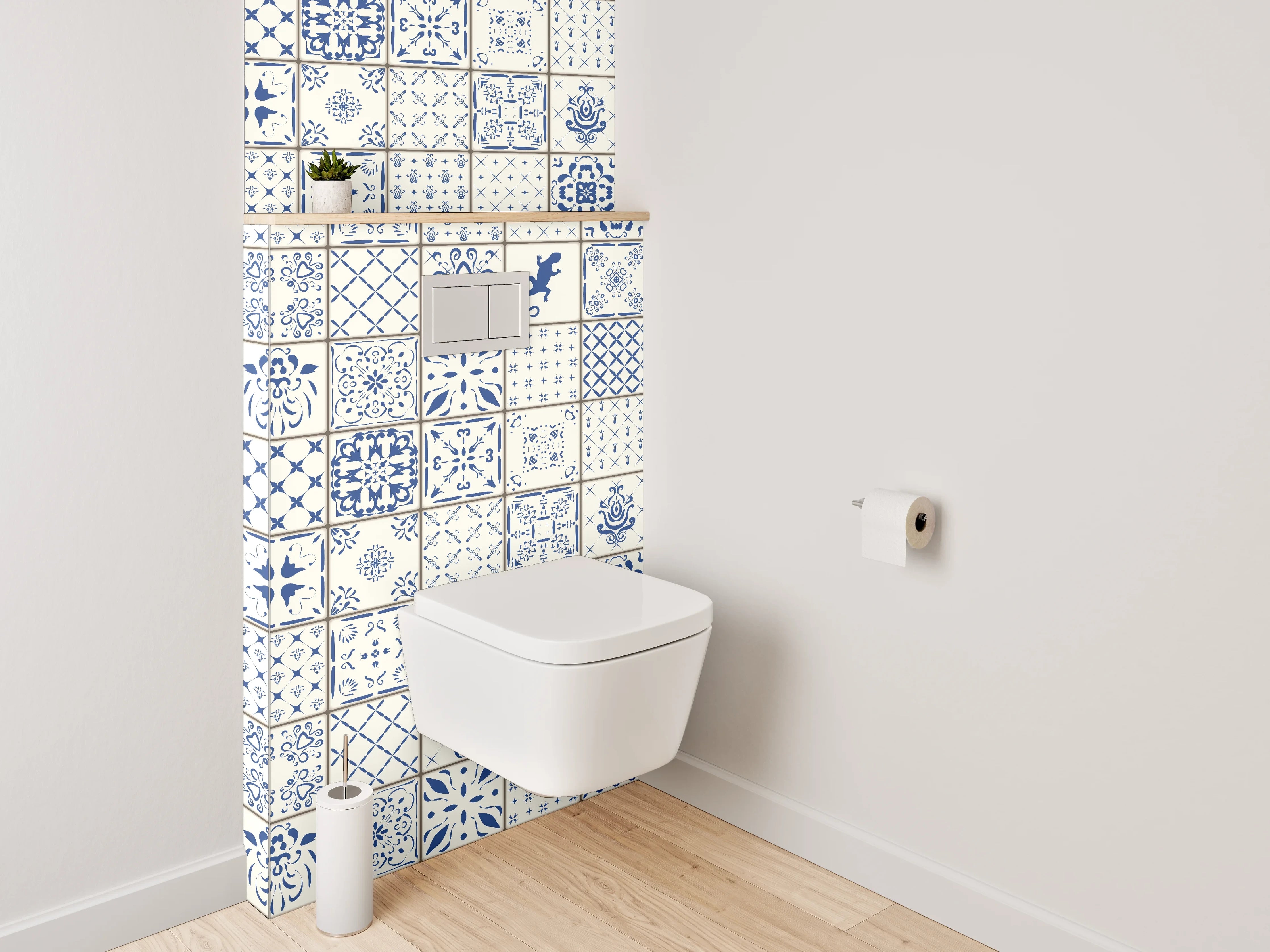 WC-Rückwand - Vintage Fliesenmuster Blau Weiß