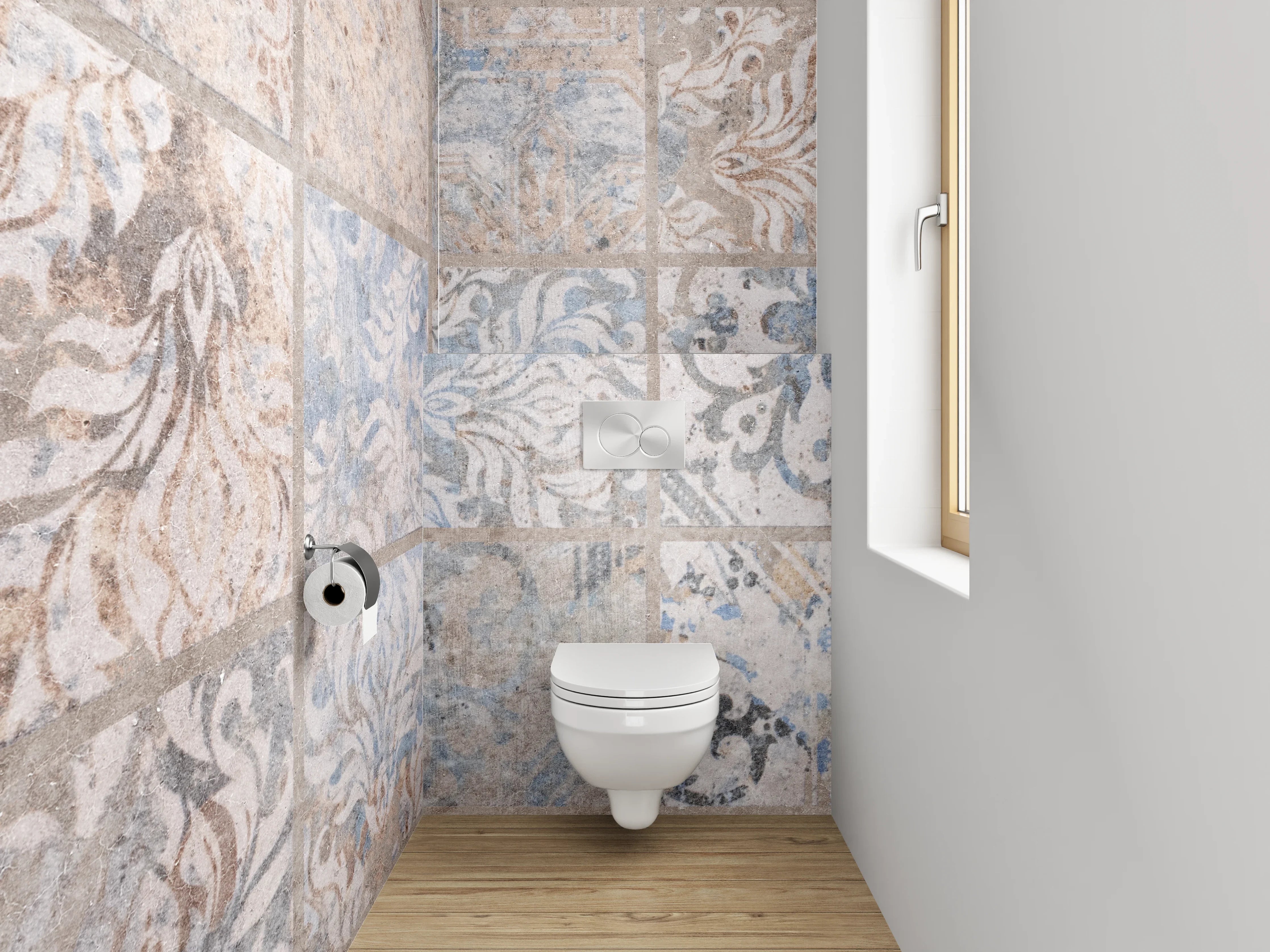 WC-Rückwand - Vintage Fliesenmuster Braun Blau