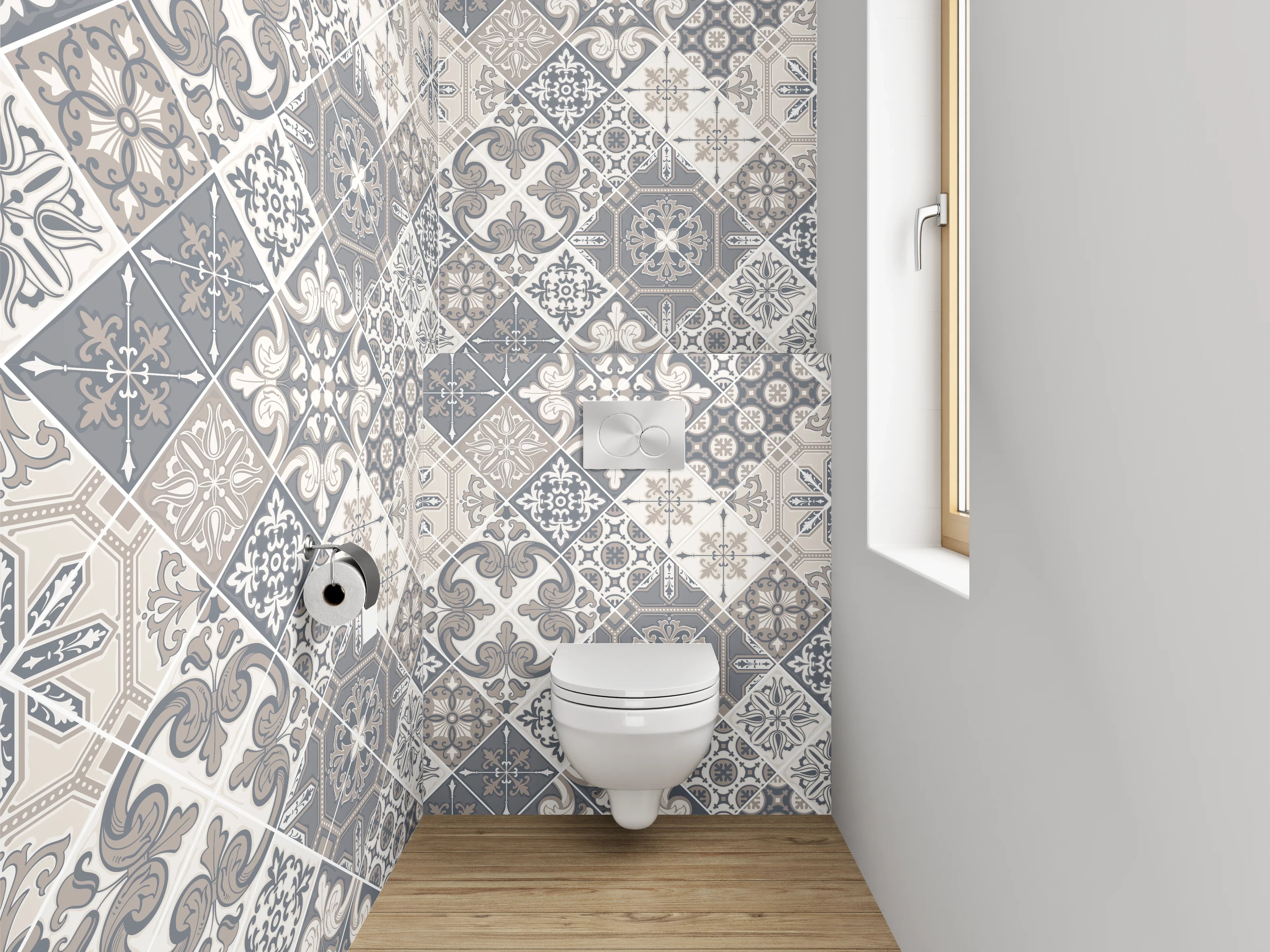 WC-Rückwand - Vintage Fliesenmuster Grau Beige Weiß