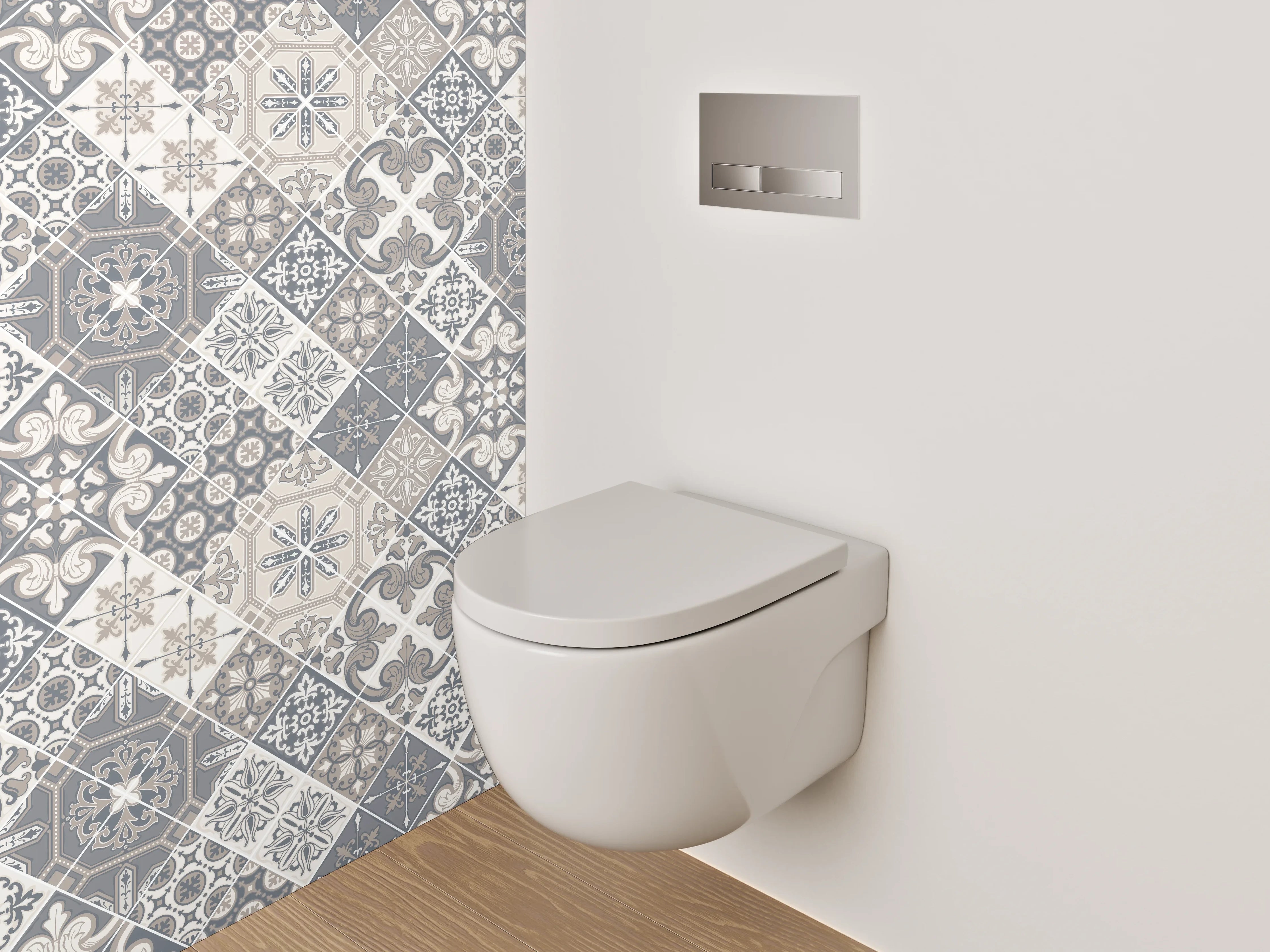 WC-Rückwand - Vintage Fliesenmuster Grau Beige Weiß