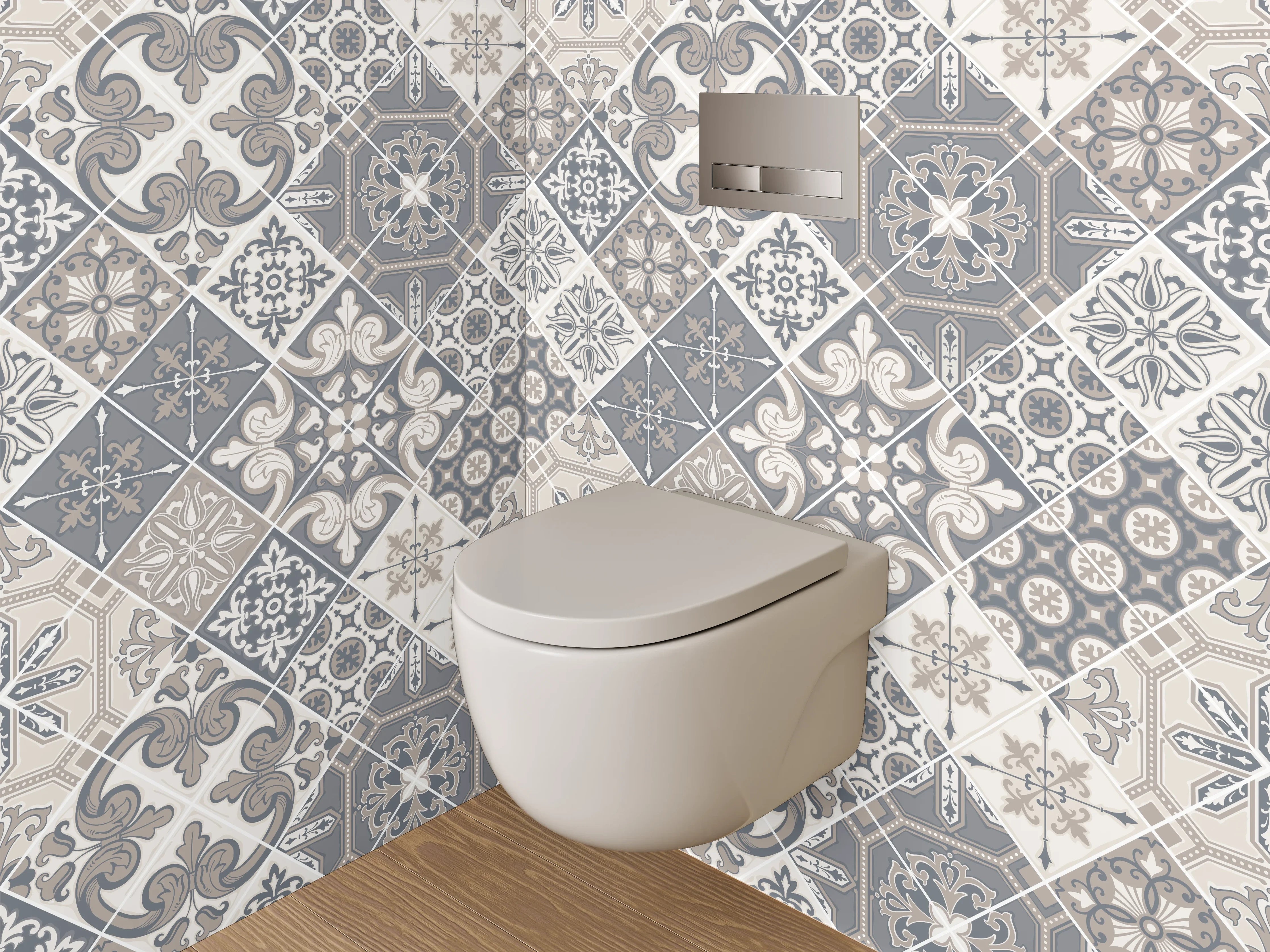 WC-Rückwand - Vintage Fliesenmuster Grau Beige Weiß