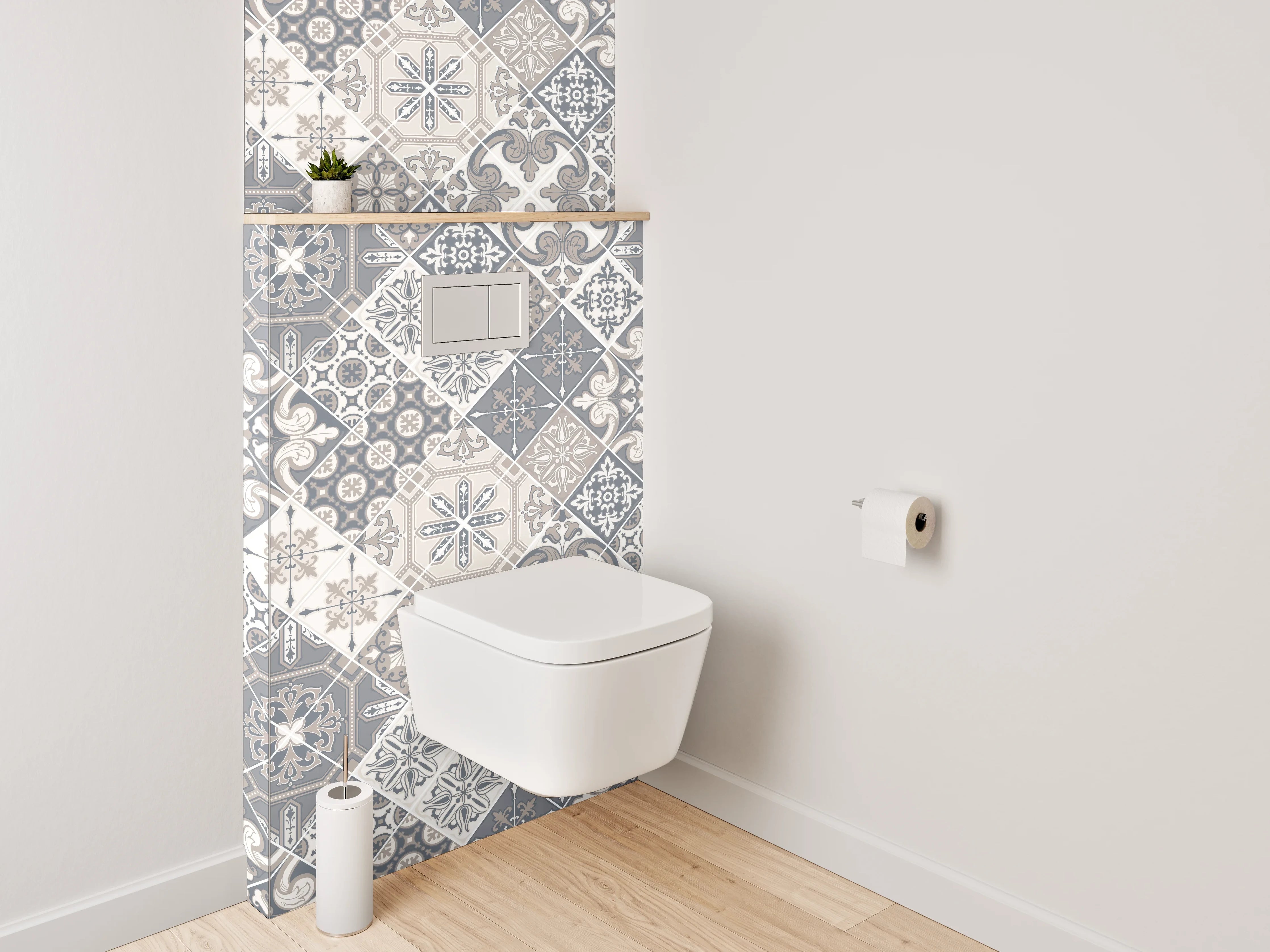 WC-Rückwand - Vintage Fliesenmuster Grau Beige Weiß