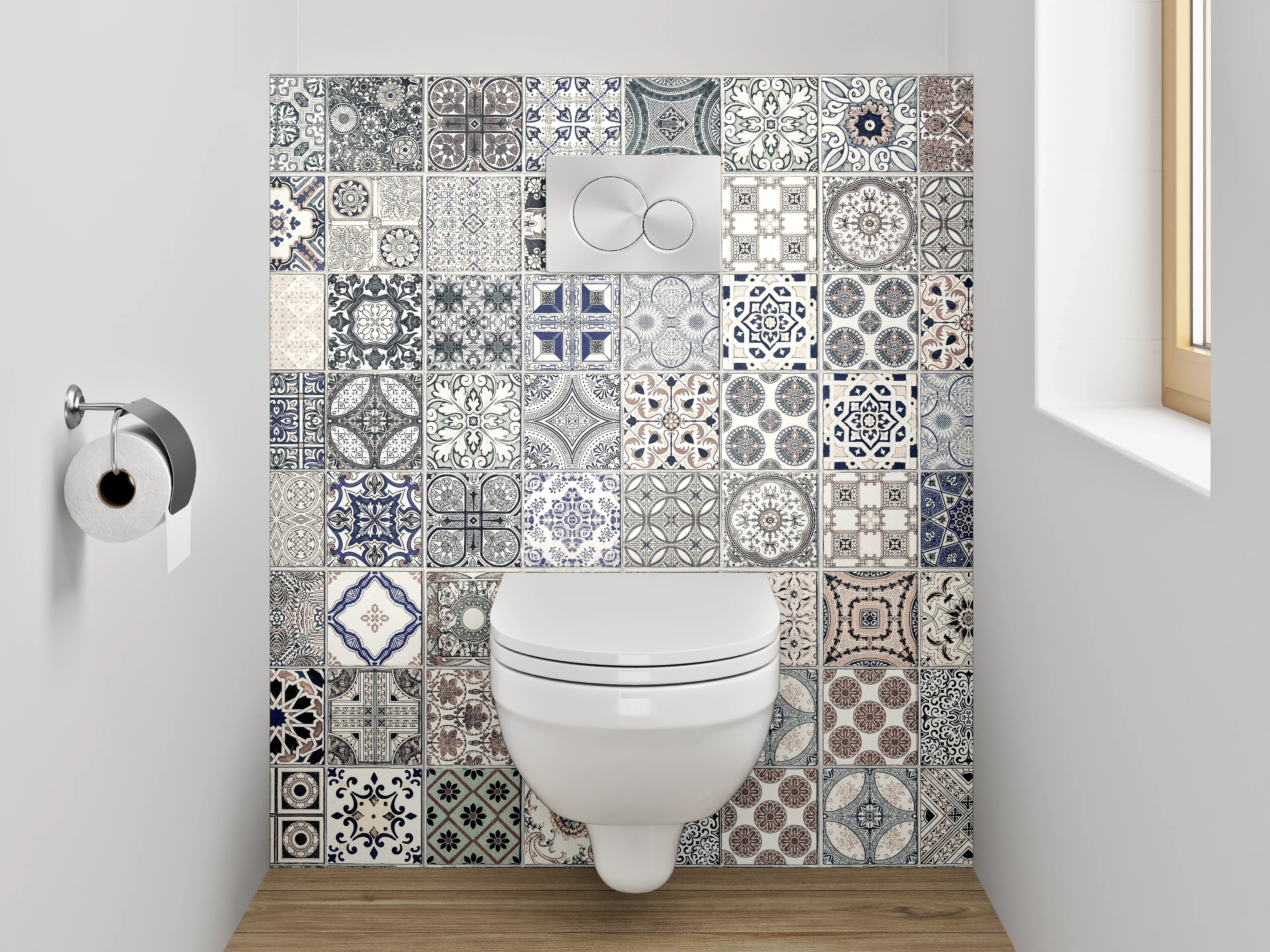 WC-Rückwand - Vintage Fliesenmuster Grau Blau Beige