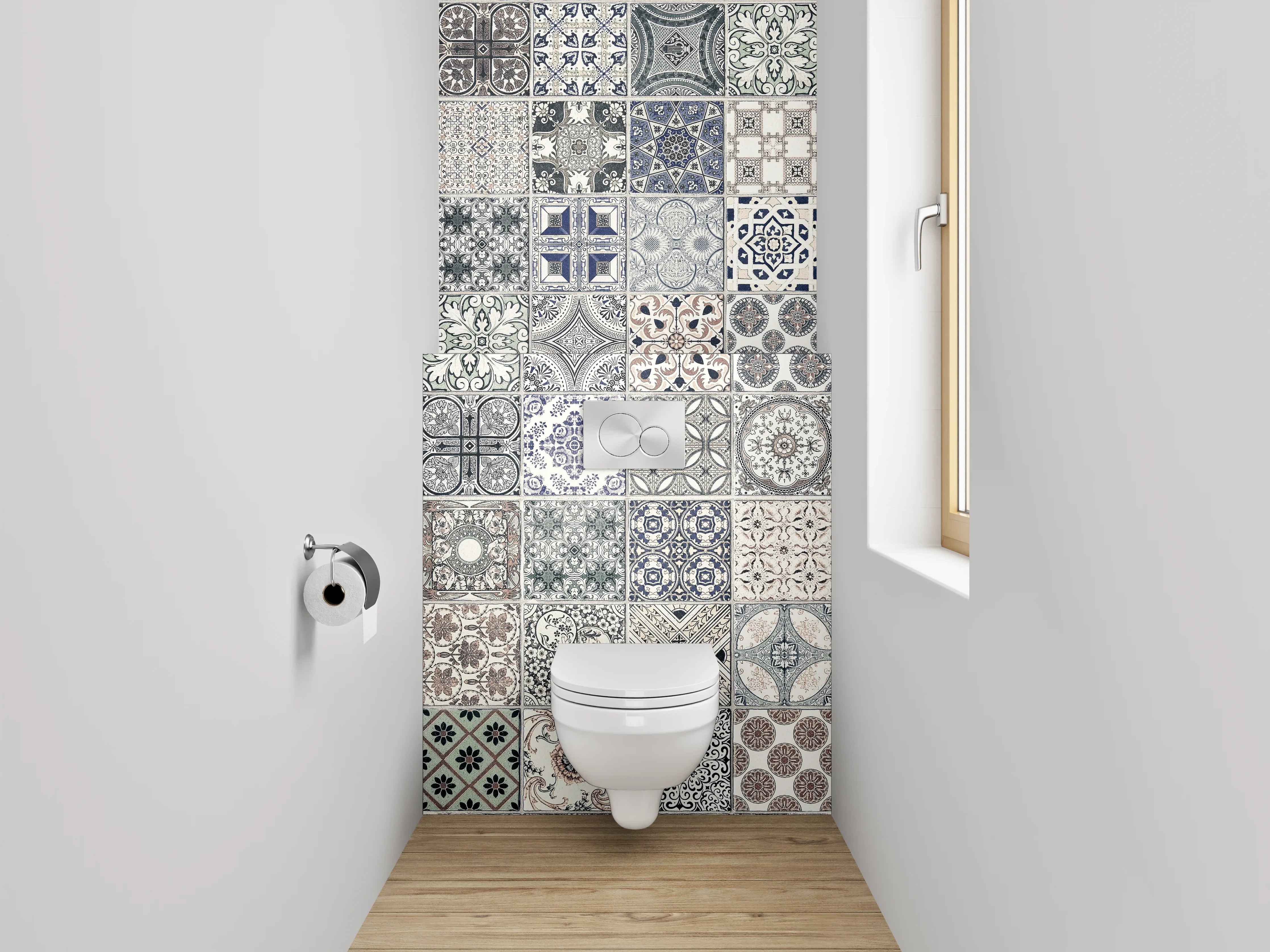 WC-Rückwand - Vintage Fliesenmuster Grau Blau Beige