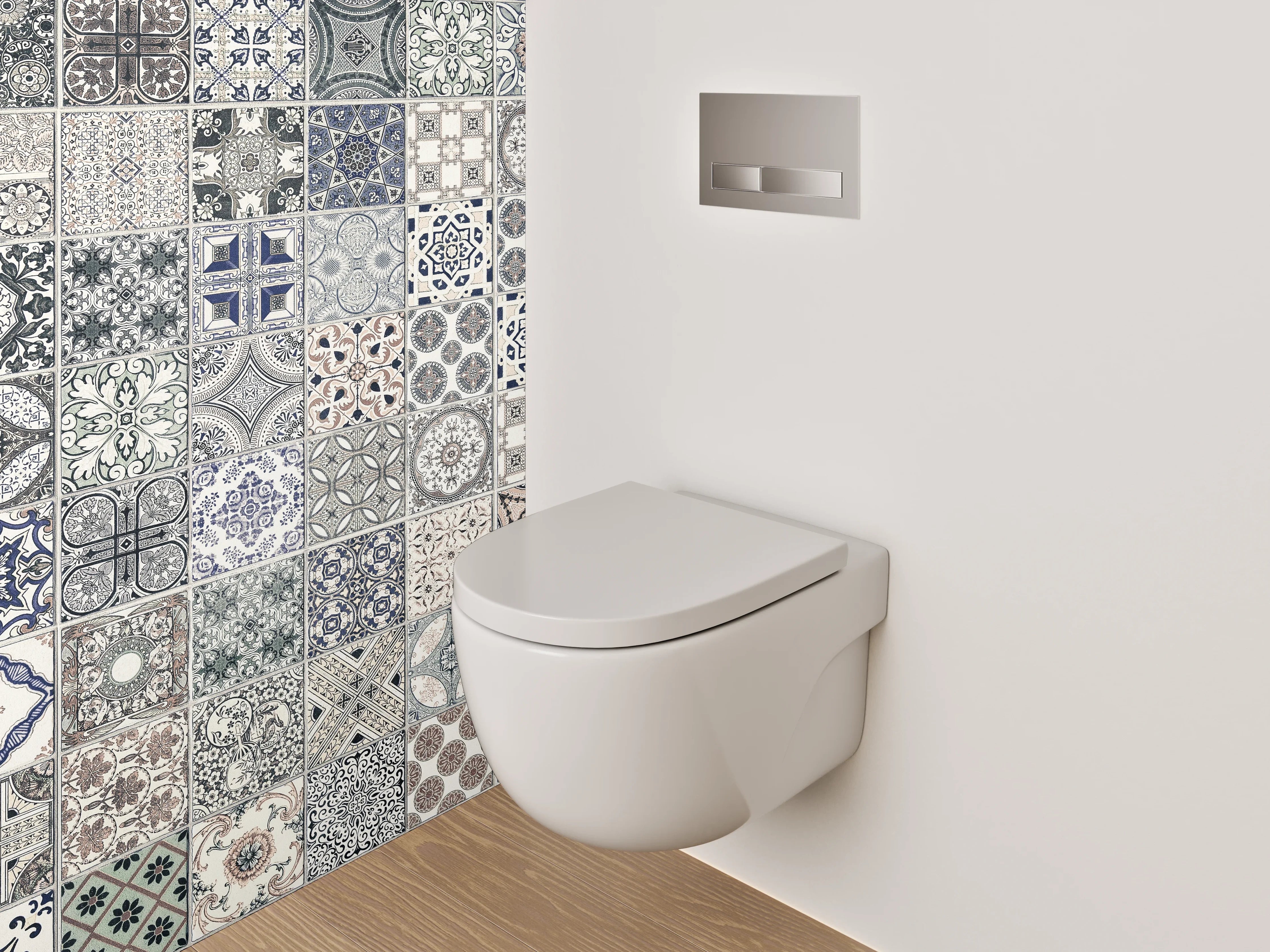 WC-Rückwand - Vintage Fliesenmuster Grau Blau Beige