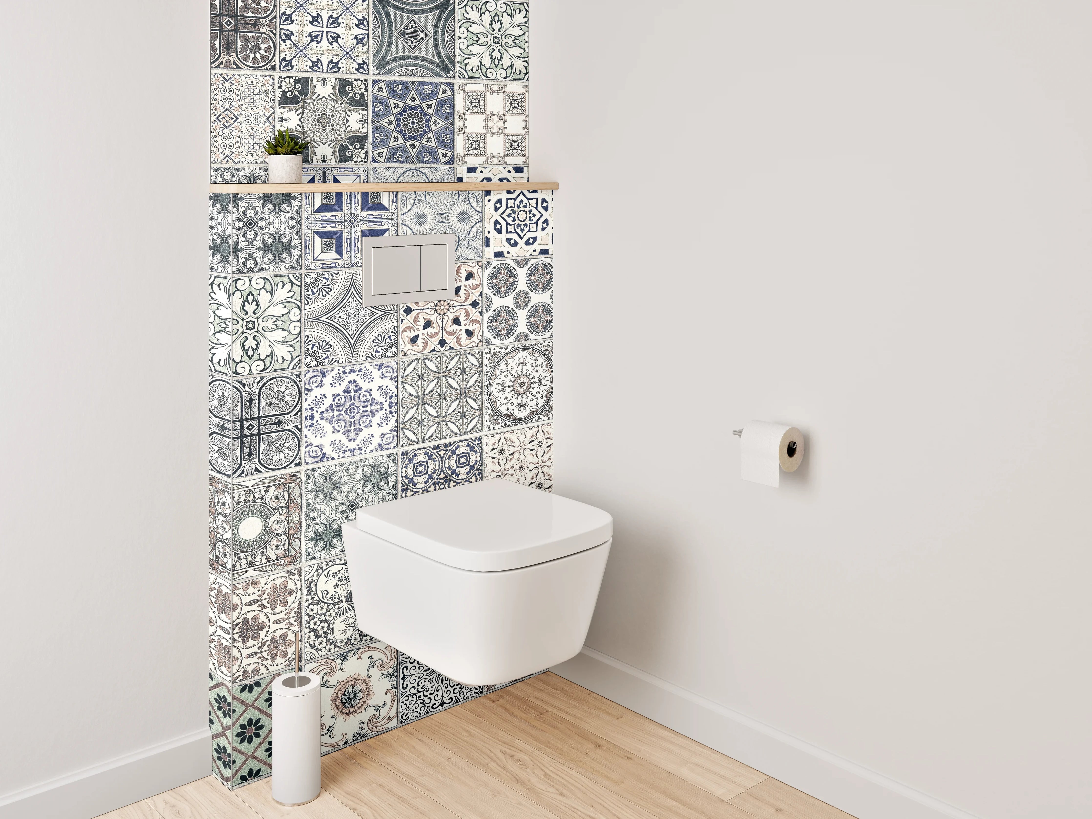 WC-Rückwand - Vintage Fliesenmuster Grau Blau Beige