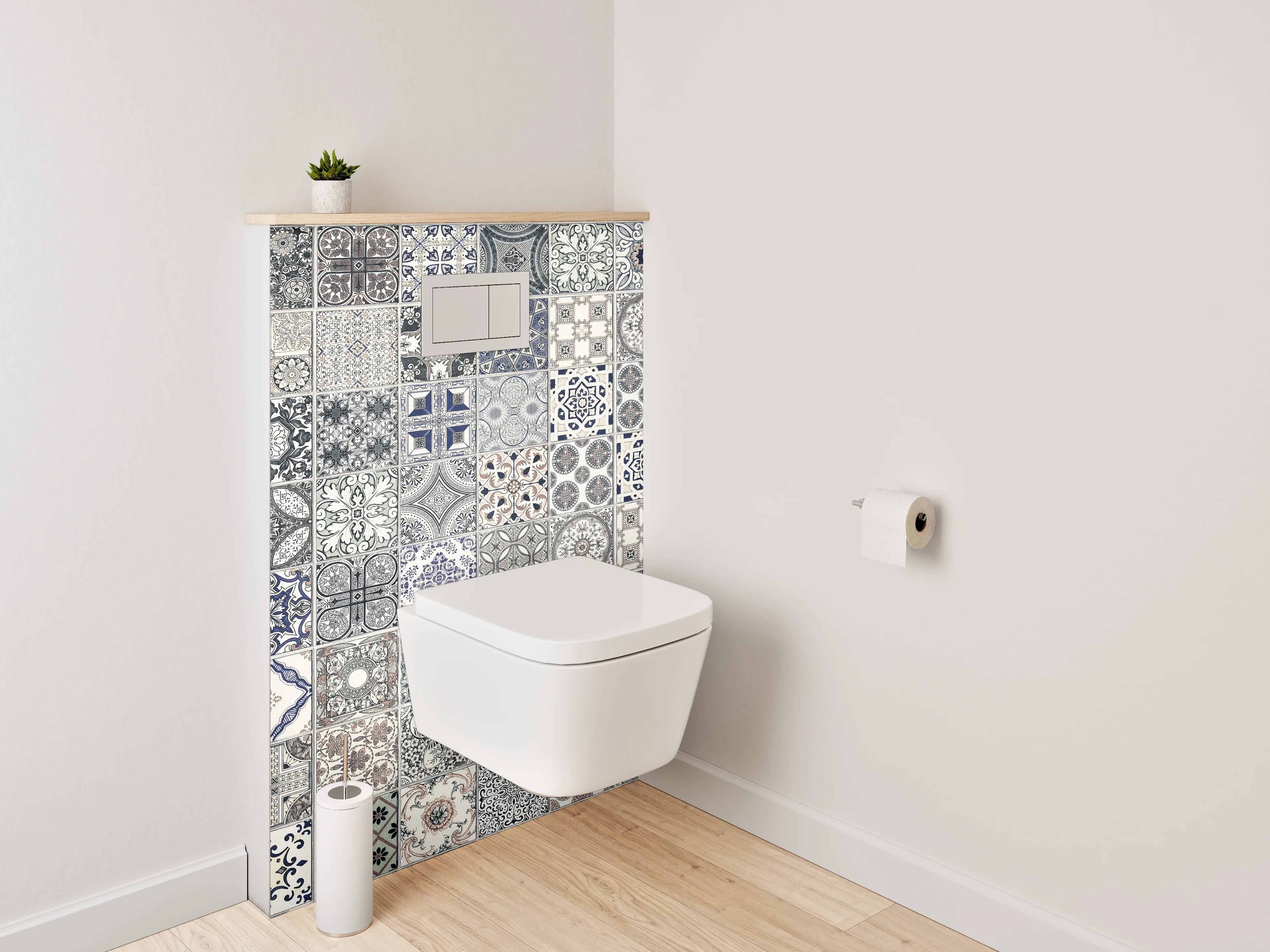 WC-Rückwand - Vintage Fliesenmuster Grau Blau Beige