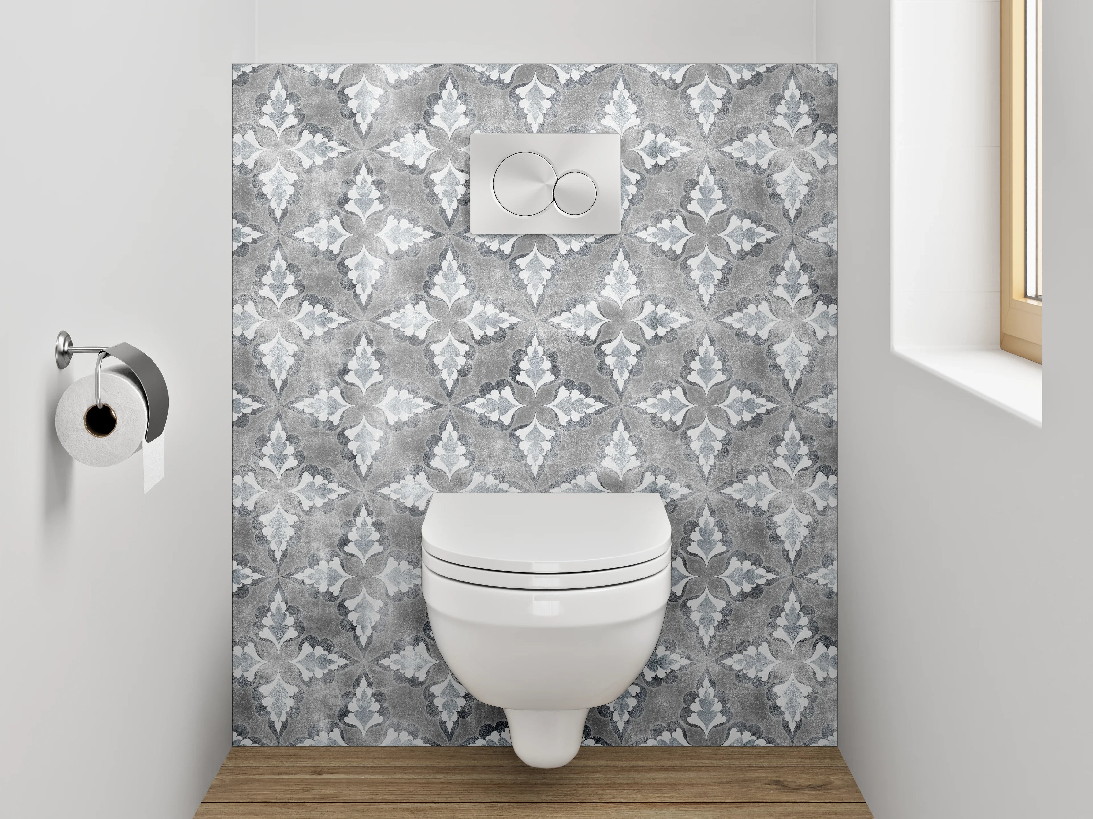 WC-Rückwand - Vintage Fliesenmuster Grau Weiß