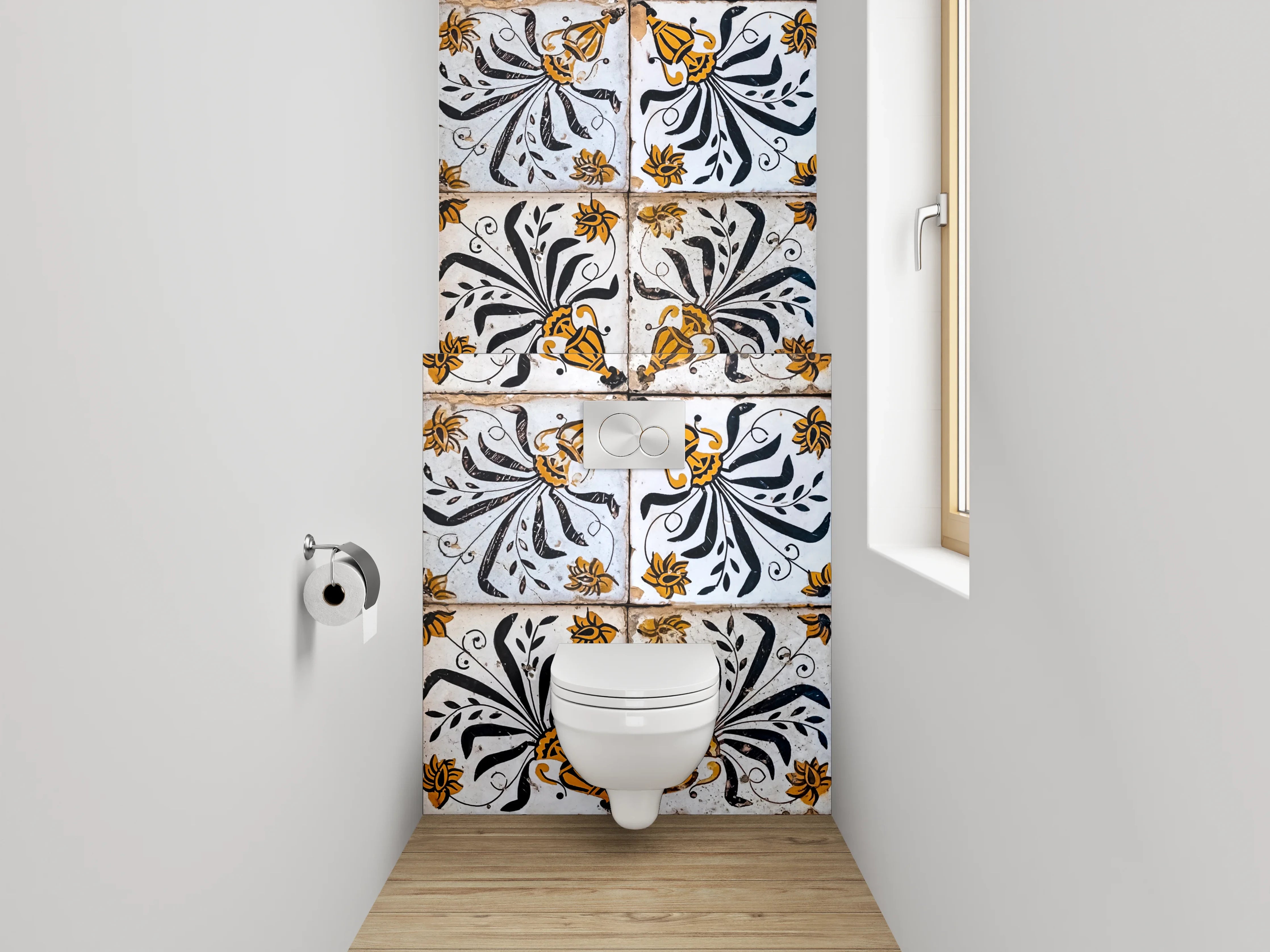 WC-Rückwand - Vintage Fliesenmuster Schwarz Gelb Weiß