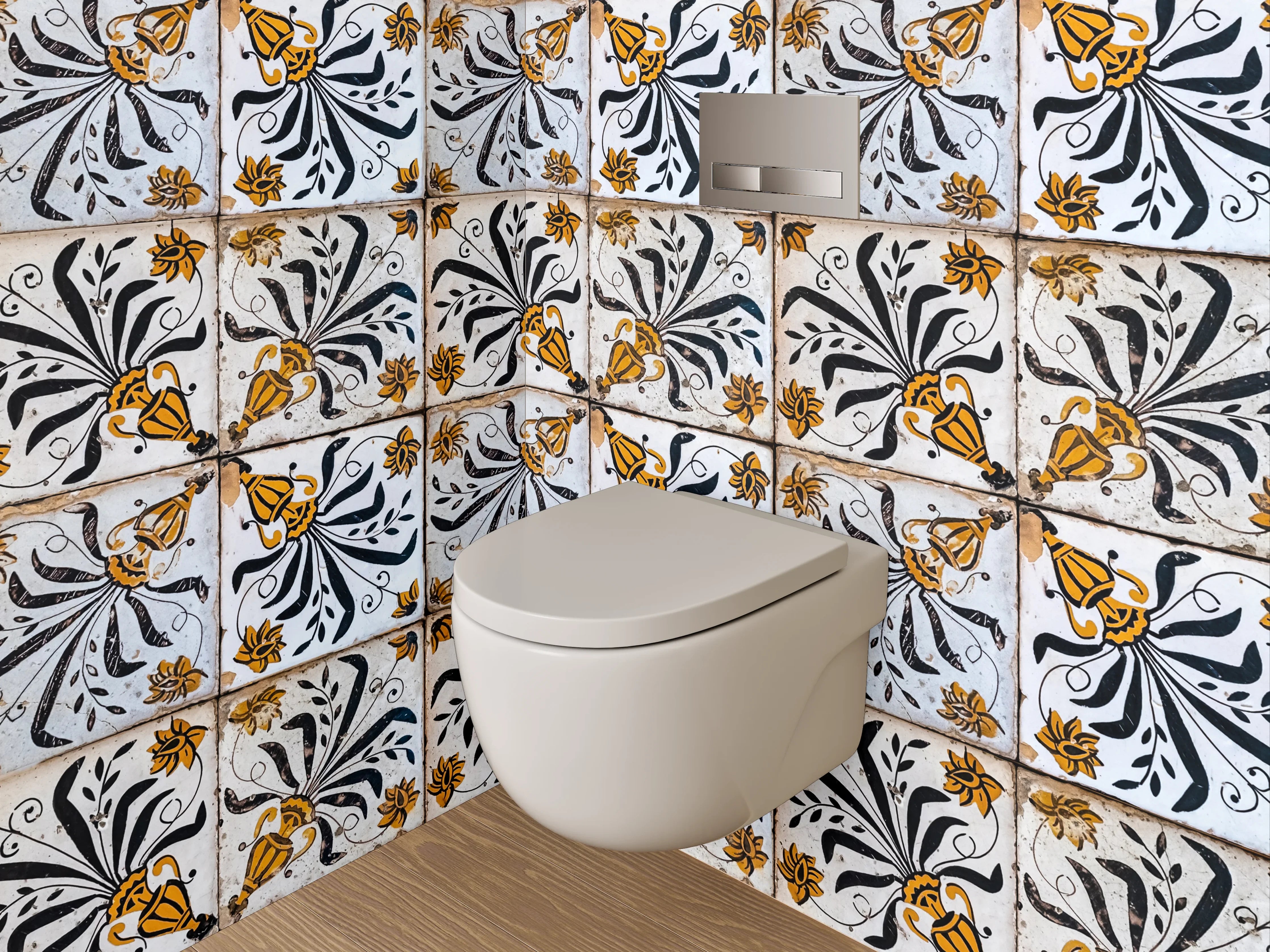 WC-Rückwand - Vintage Fliesenmuster Schwarz Gelb Weiß