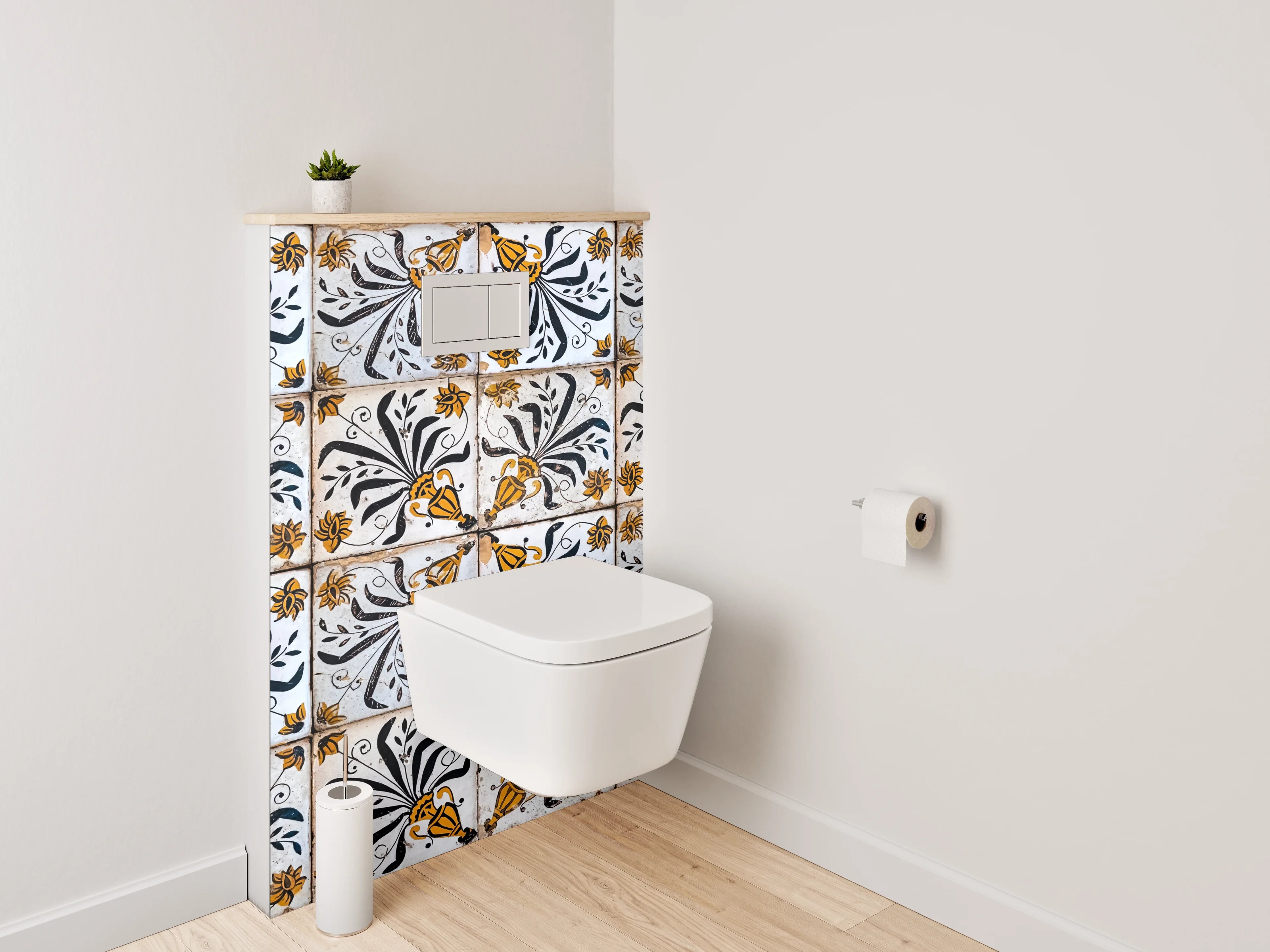 WC-Rückwand - Vintage Fliesenmuster Schwarz Gelb Weiß