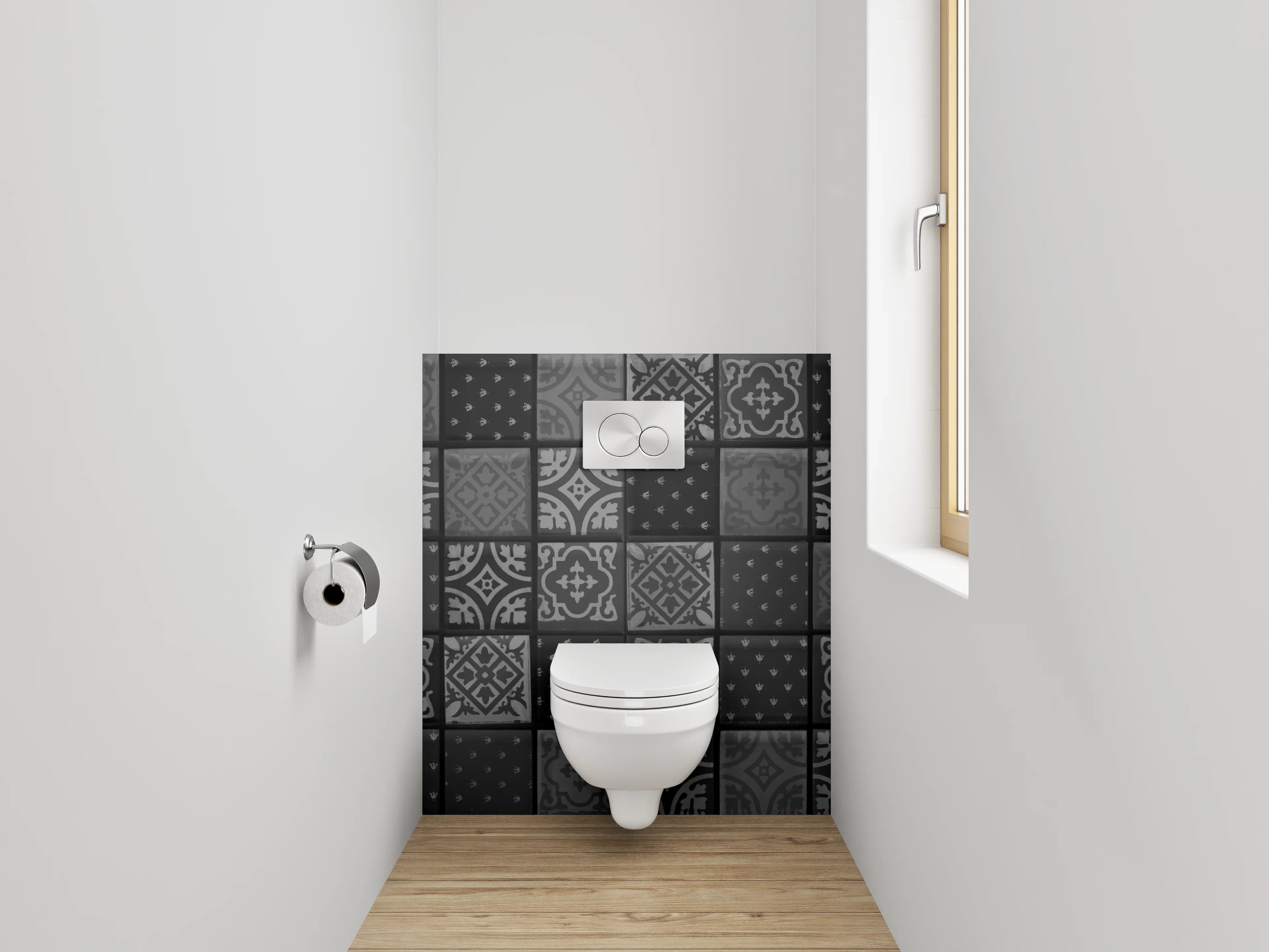 WC-Rückwand - Vintage Fliesenmuster Schwarz-Weiß Dekor
