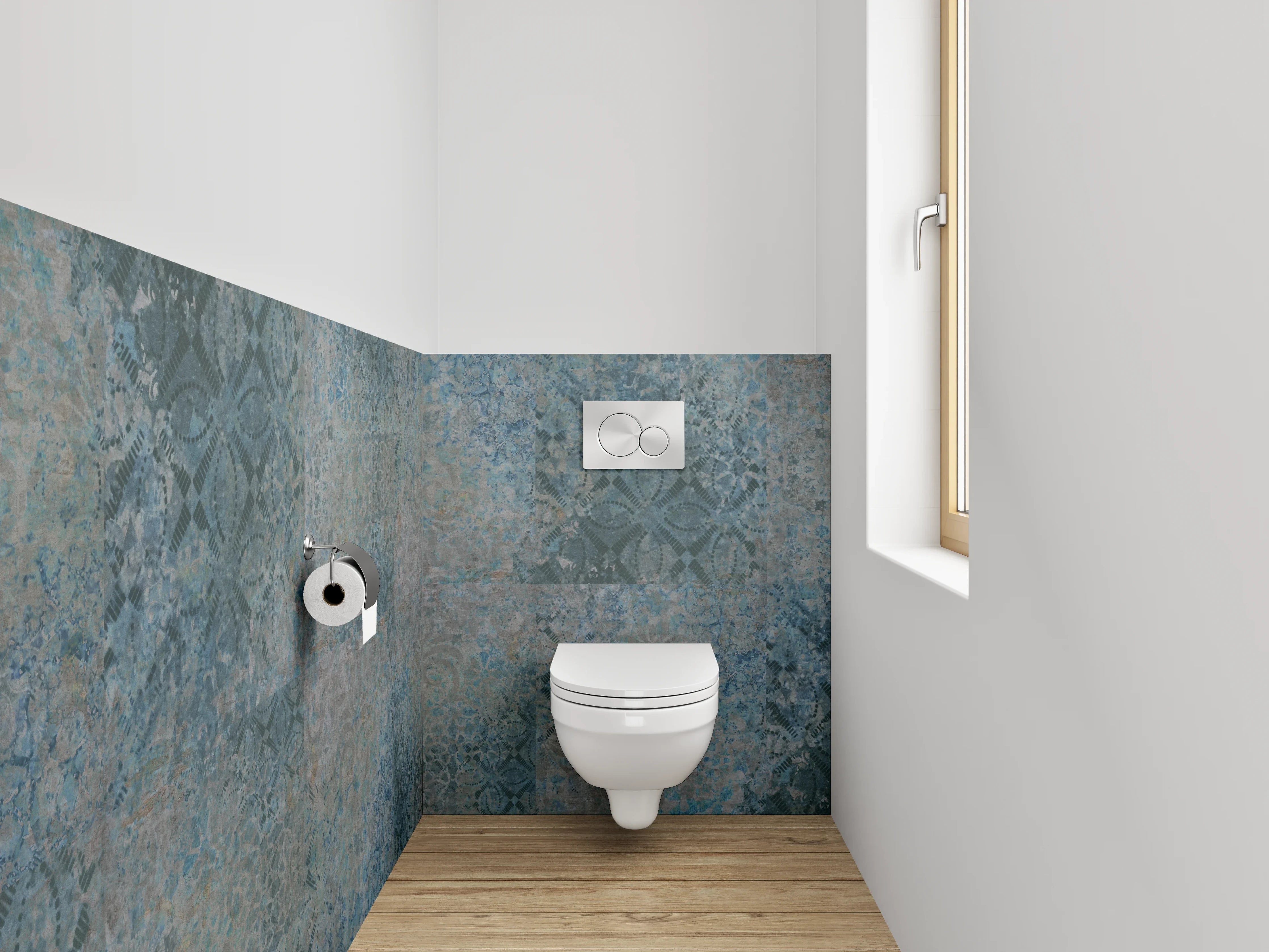 WC-Rückwand - Vintage Fliesenmuster in Blau-Grau