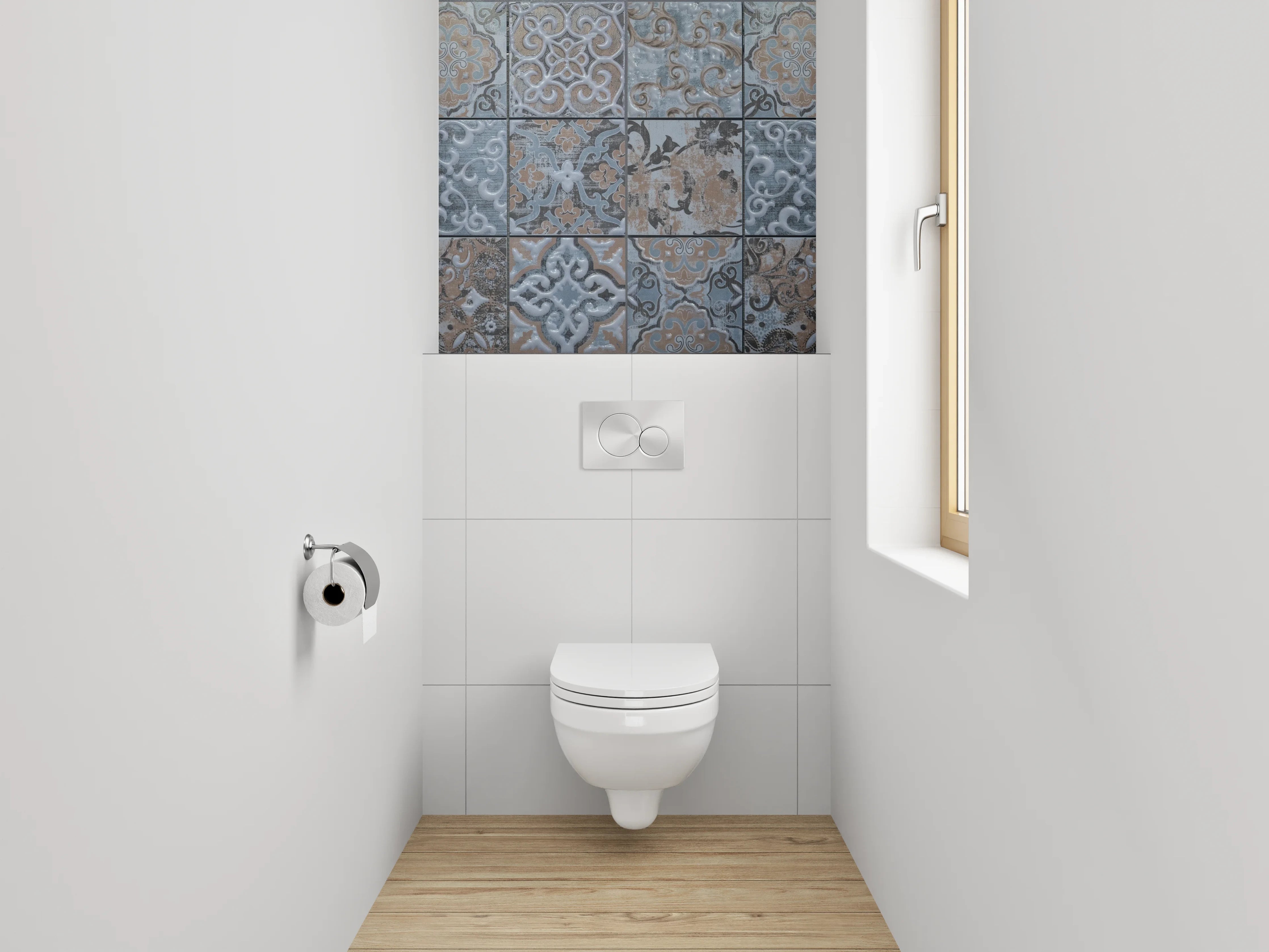 WC-Rückwand - Vintage Fliesenmuster in Blau und Grau