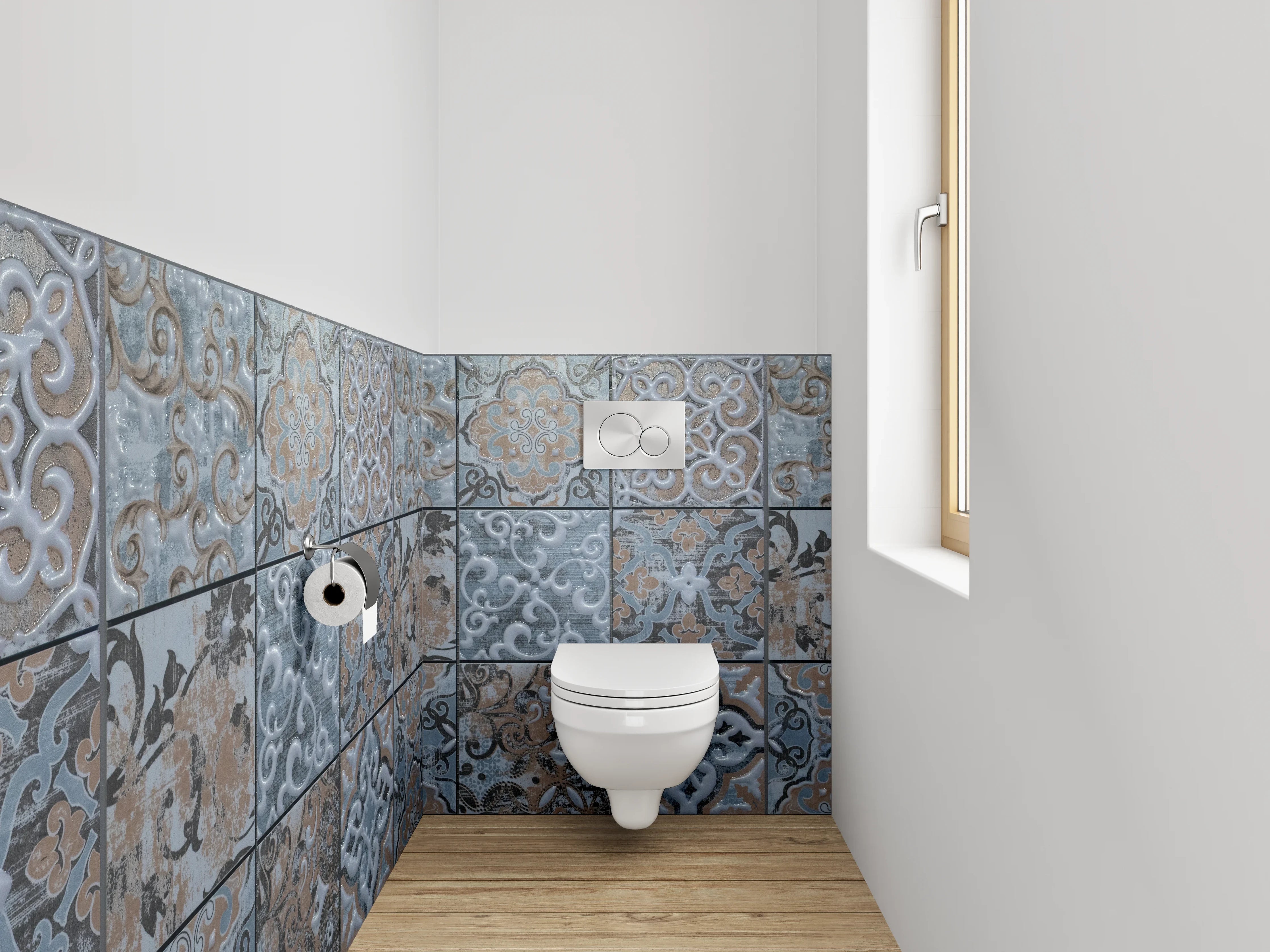 WC-Rückwand - Vintage Fliesenmuster in Blau und Grau