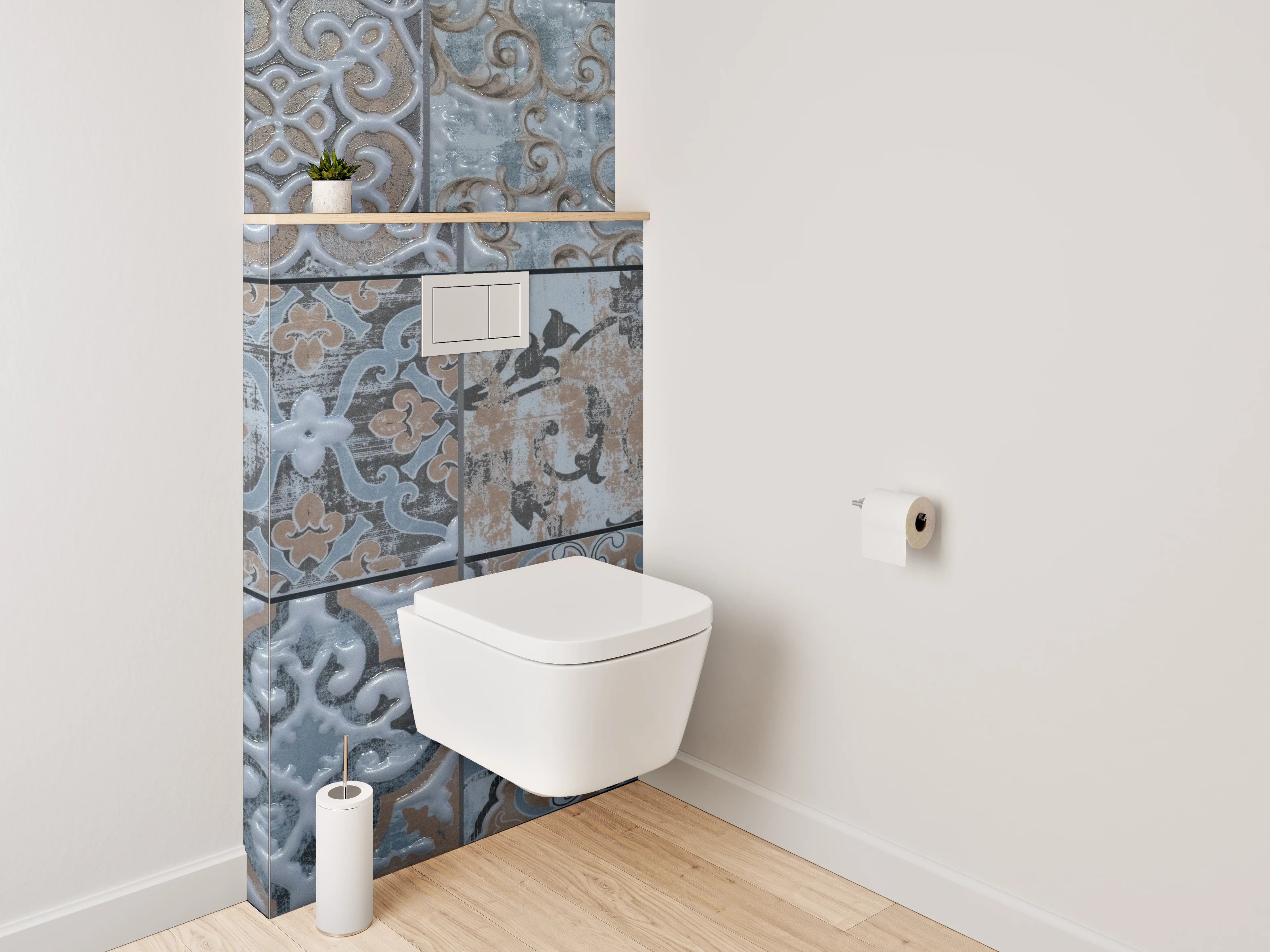 WC-Rückwand - Vintage Fliesenmuster in Blau und Grau