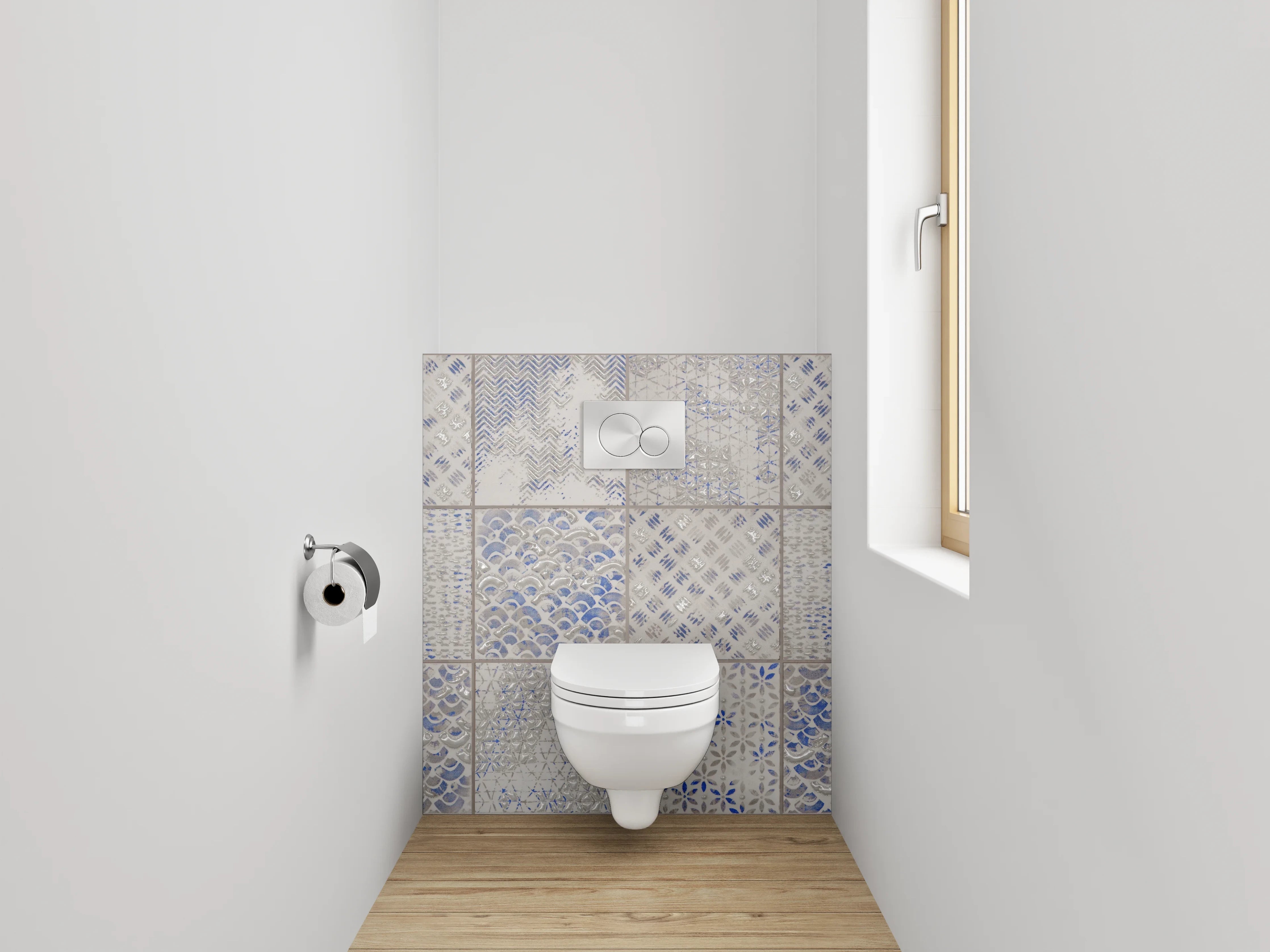 WC-Rückwand - Vintage Kachelmuster in Blau-Grau Weiß