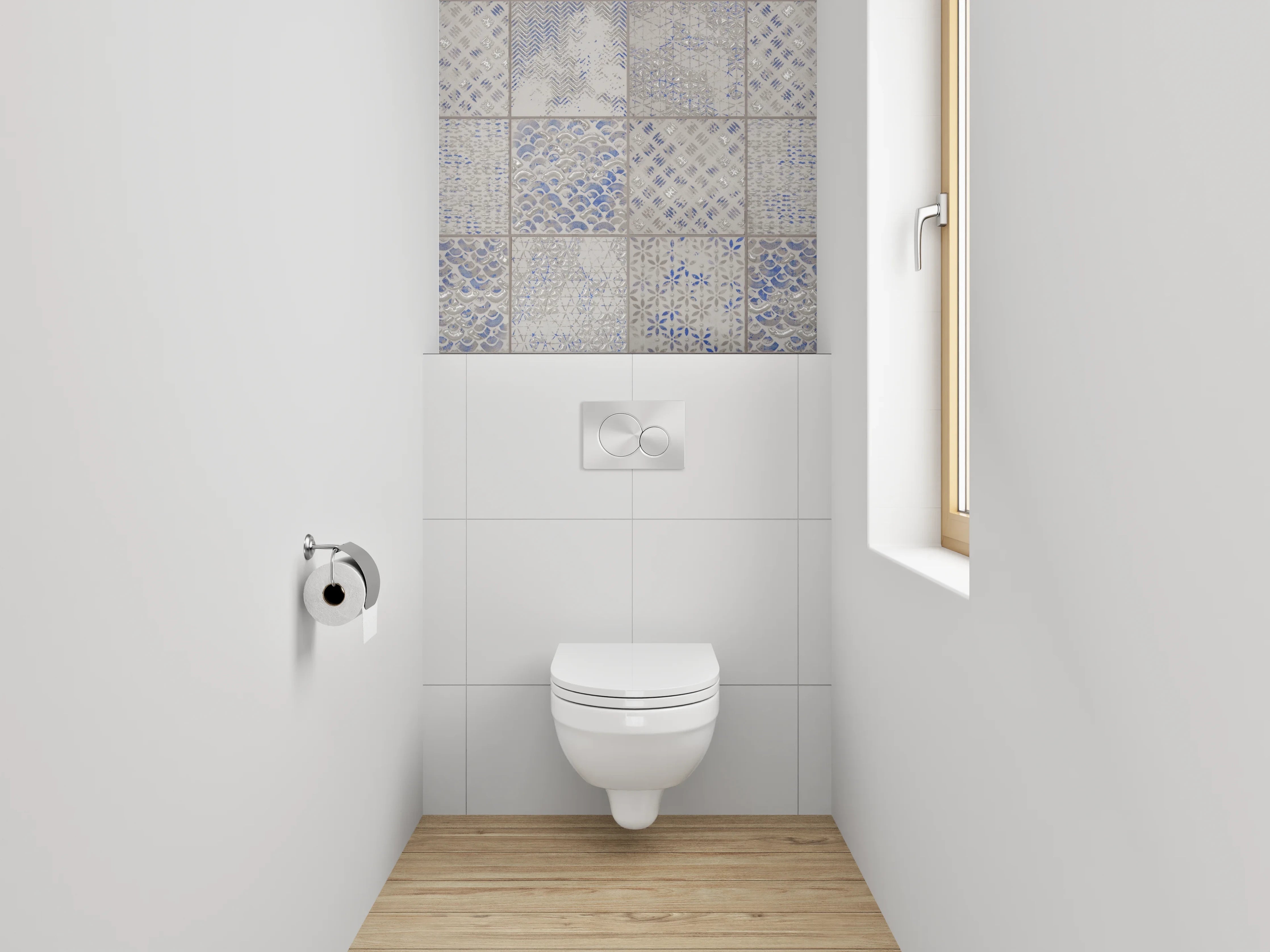 WC-Rückwand - Vintage Kachelmuster in Blau-Grau Weiß