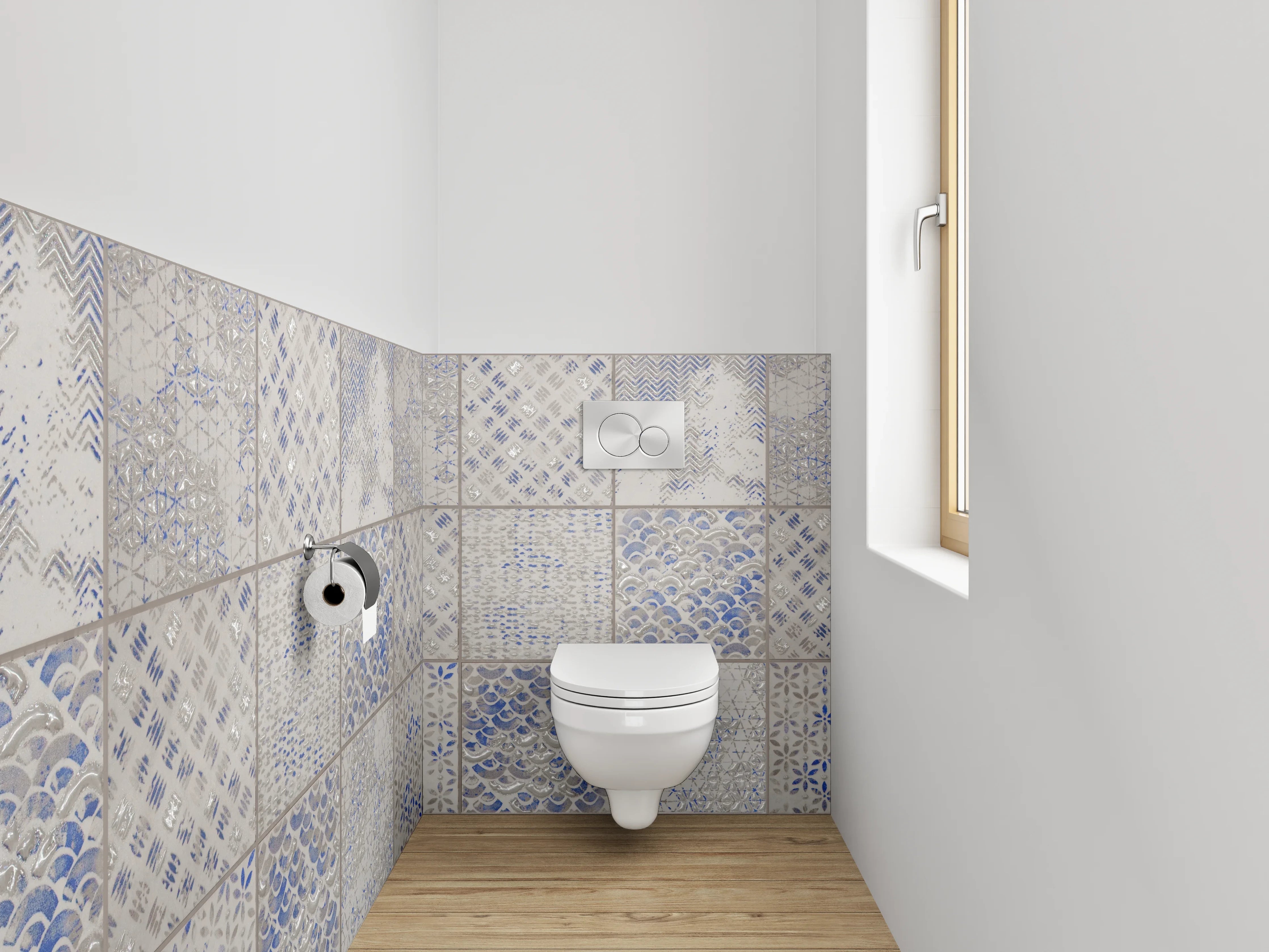 WC-Rückwand - Vintage Kachelmuster in Blau-Grau Weiß