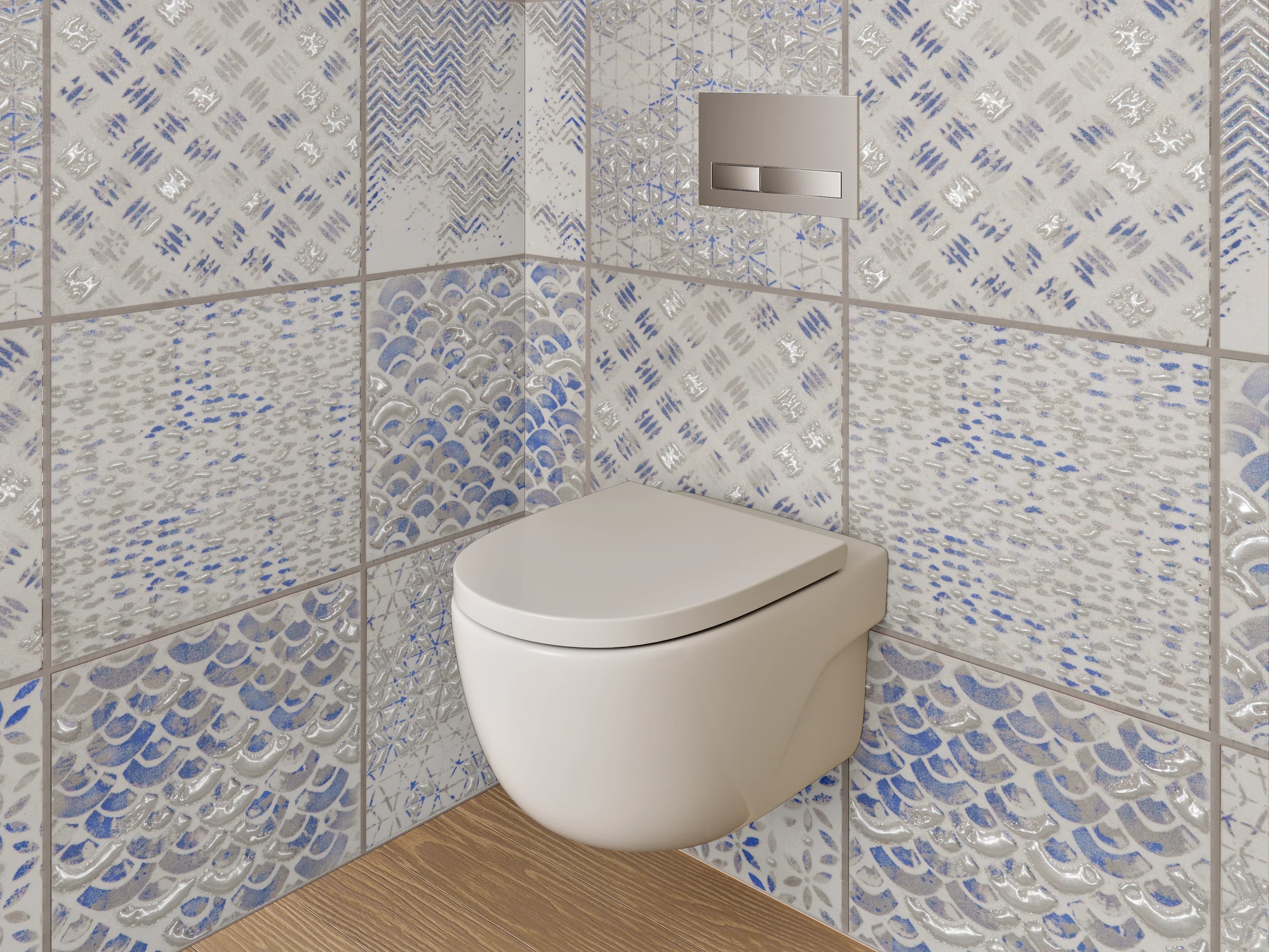 WC-Rückwand - Vintage Kachelmuster in Blau-Grau Weiß