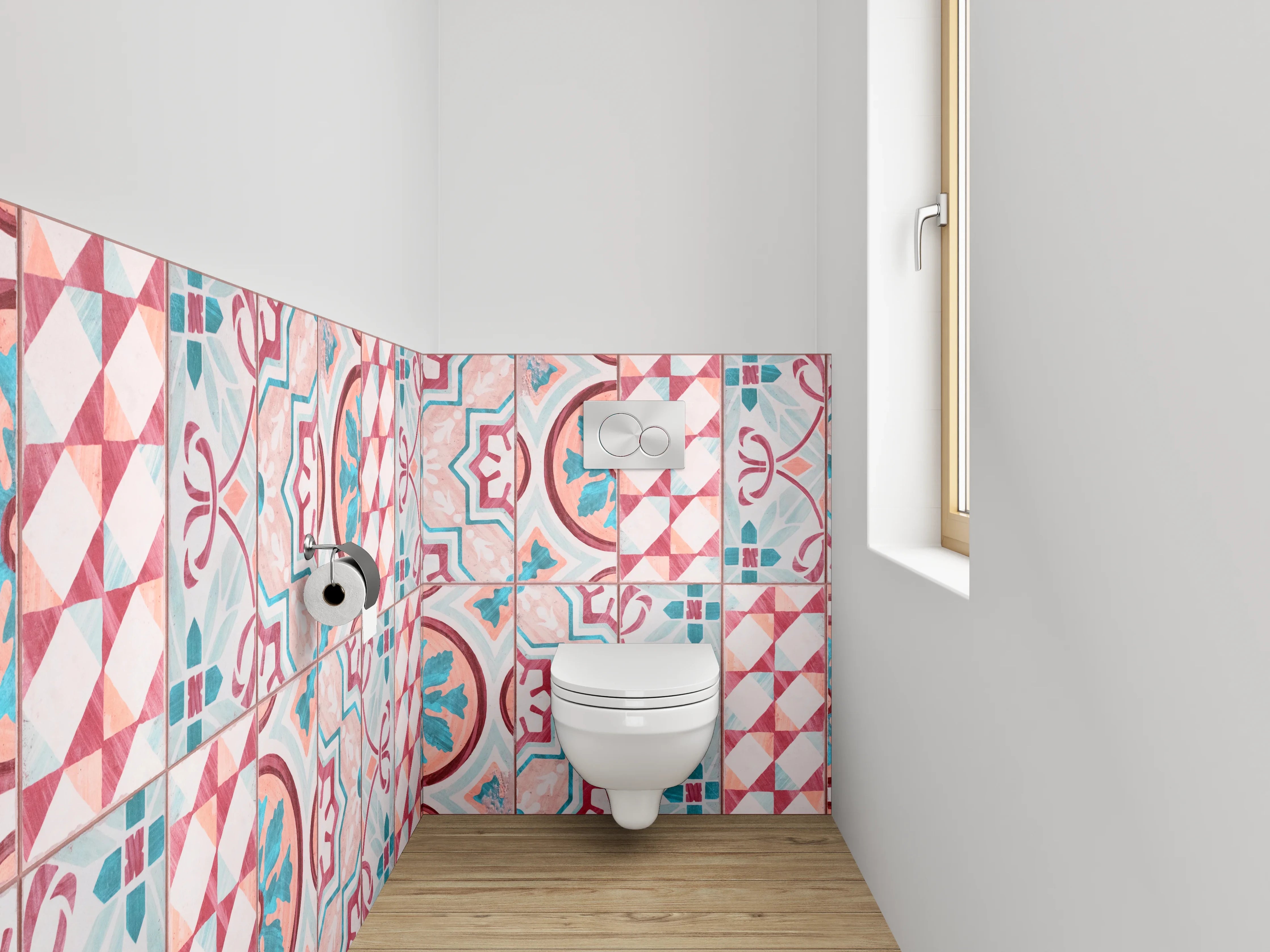 WC-Rückwand - Vintage Mosaik Fliesenmuster Rot Türkis