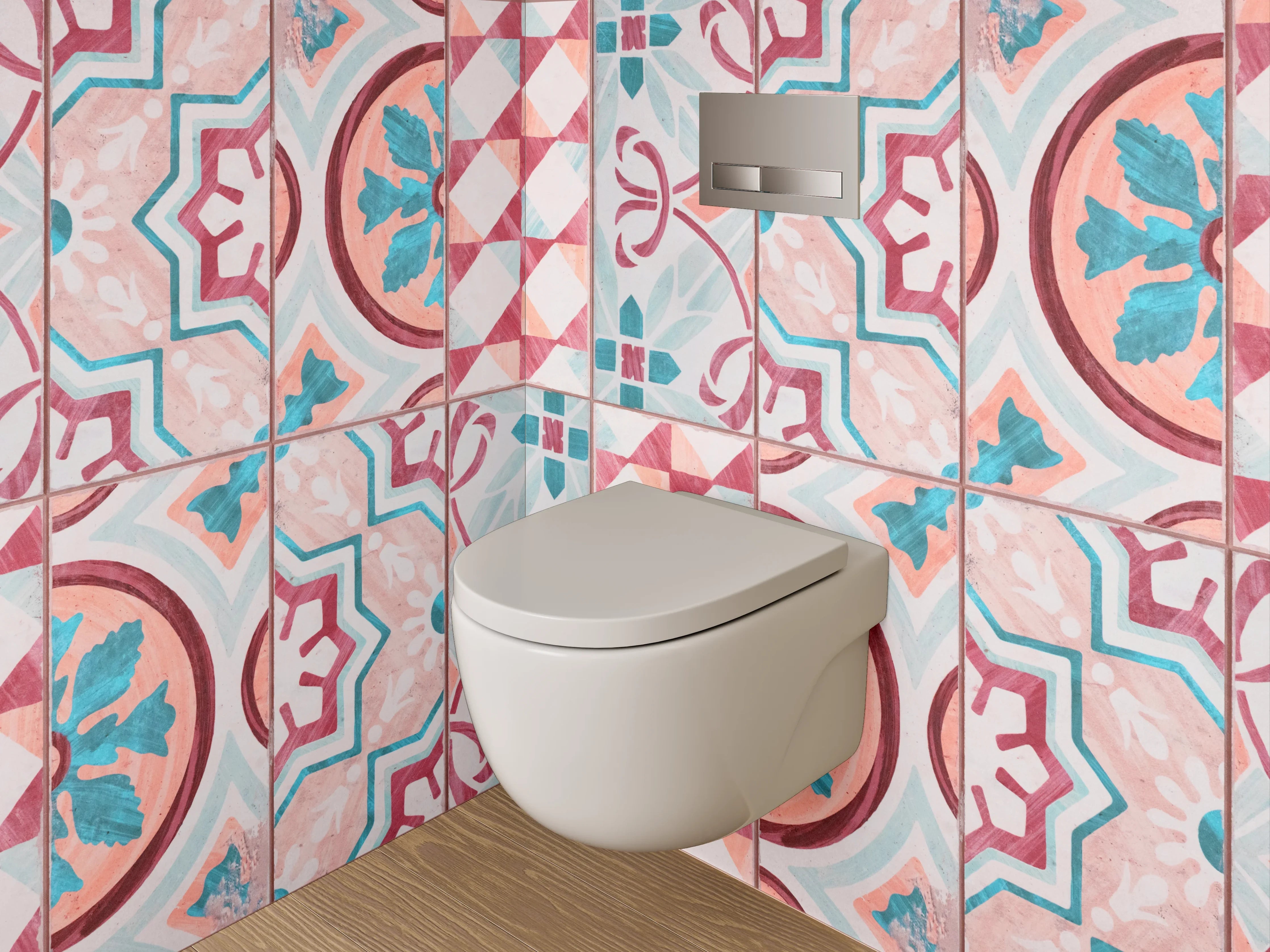 WC-Rückwand - Vintage Mosaik Fliesenmuster Rot Türkis