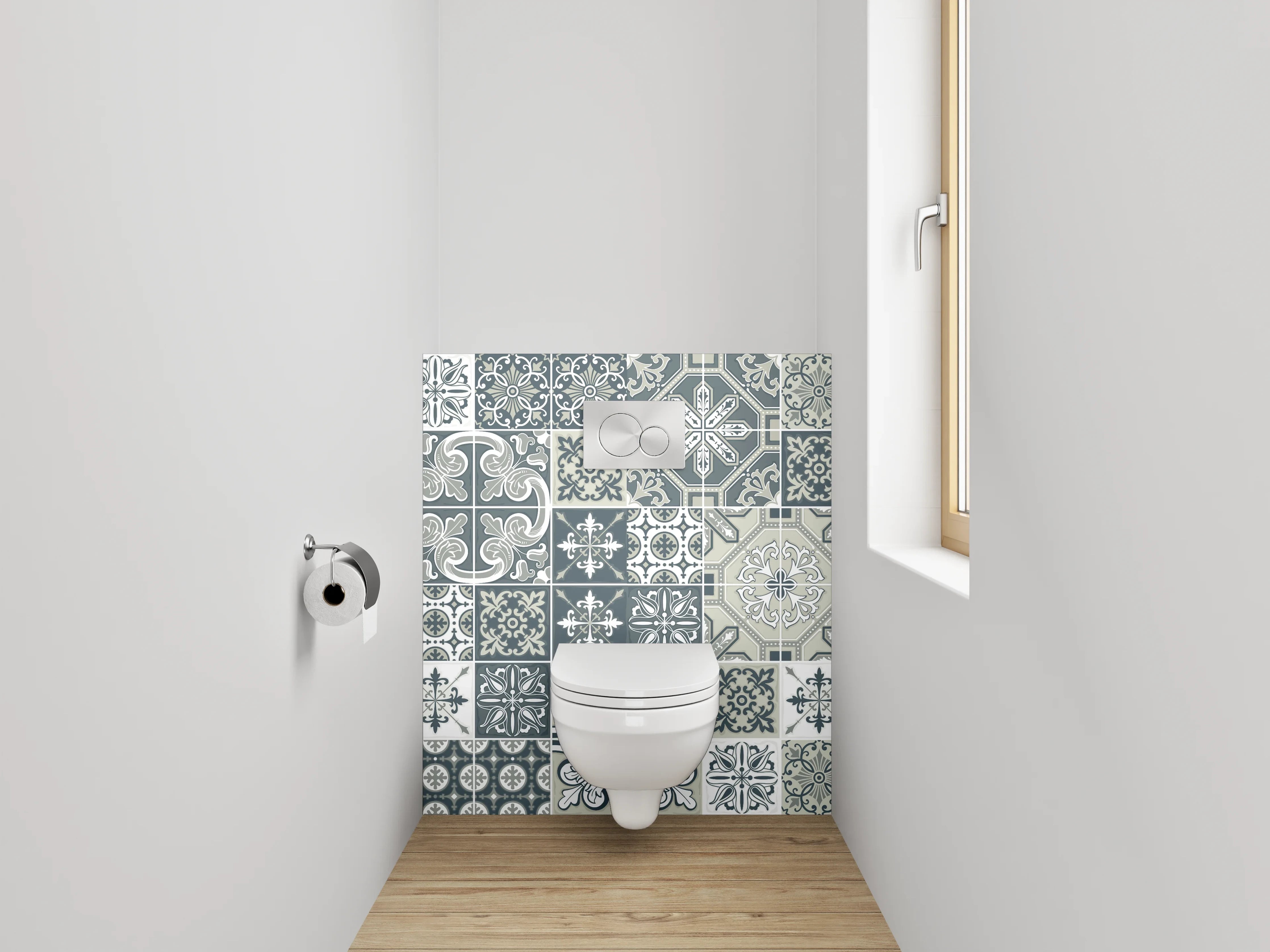 WC-Rückwand - Vintage Muster Fliesen Grau Weiß