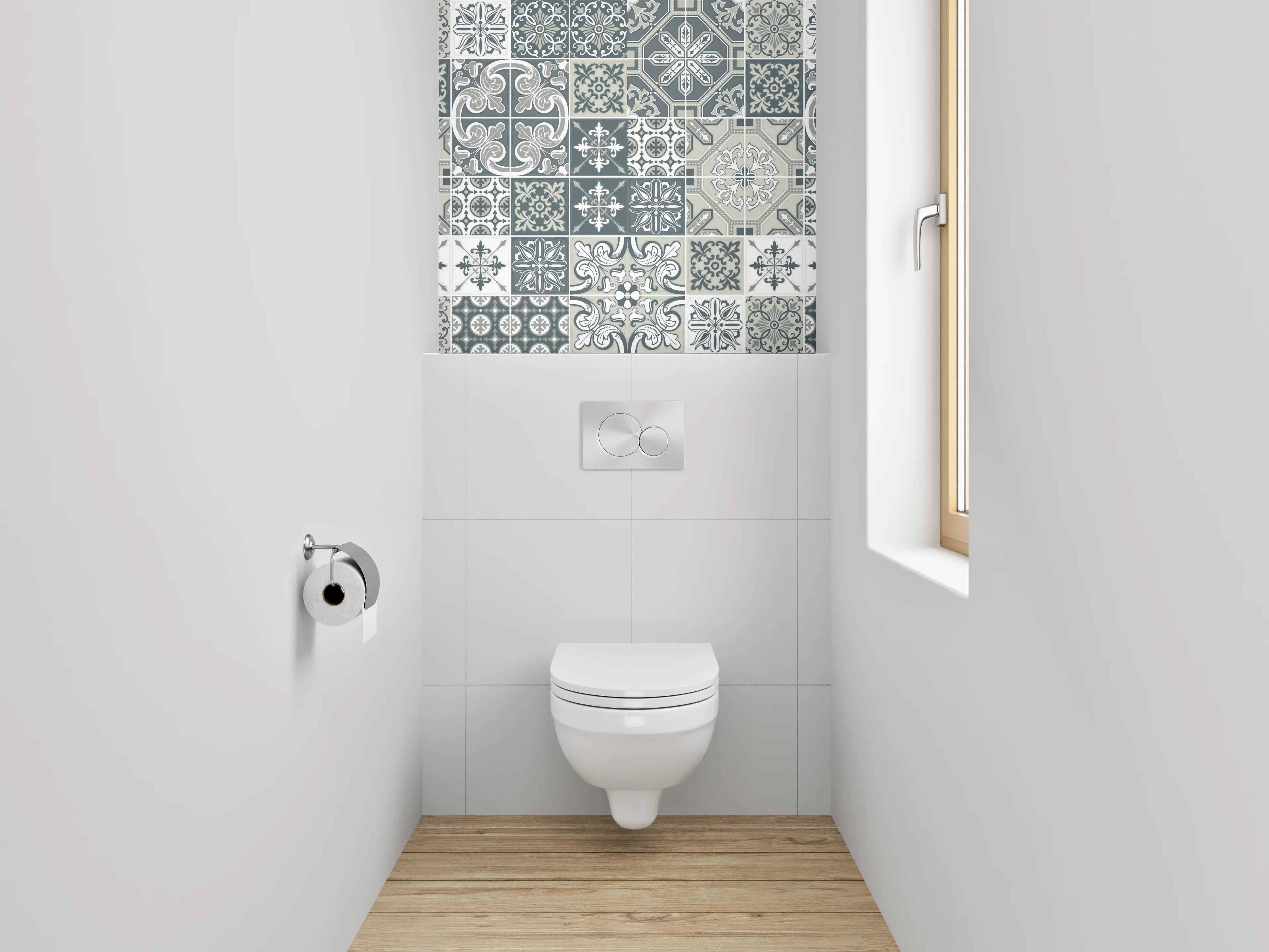 WC-Rückwand - Vintage Muster Fliesen Grau Weiß