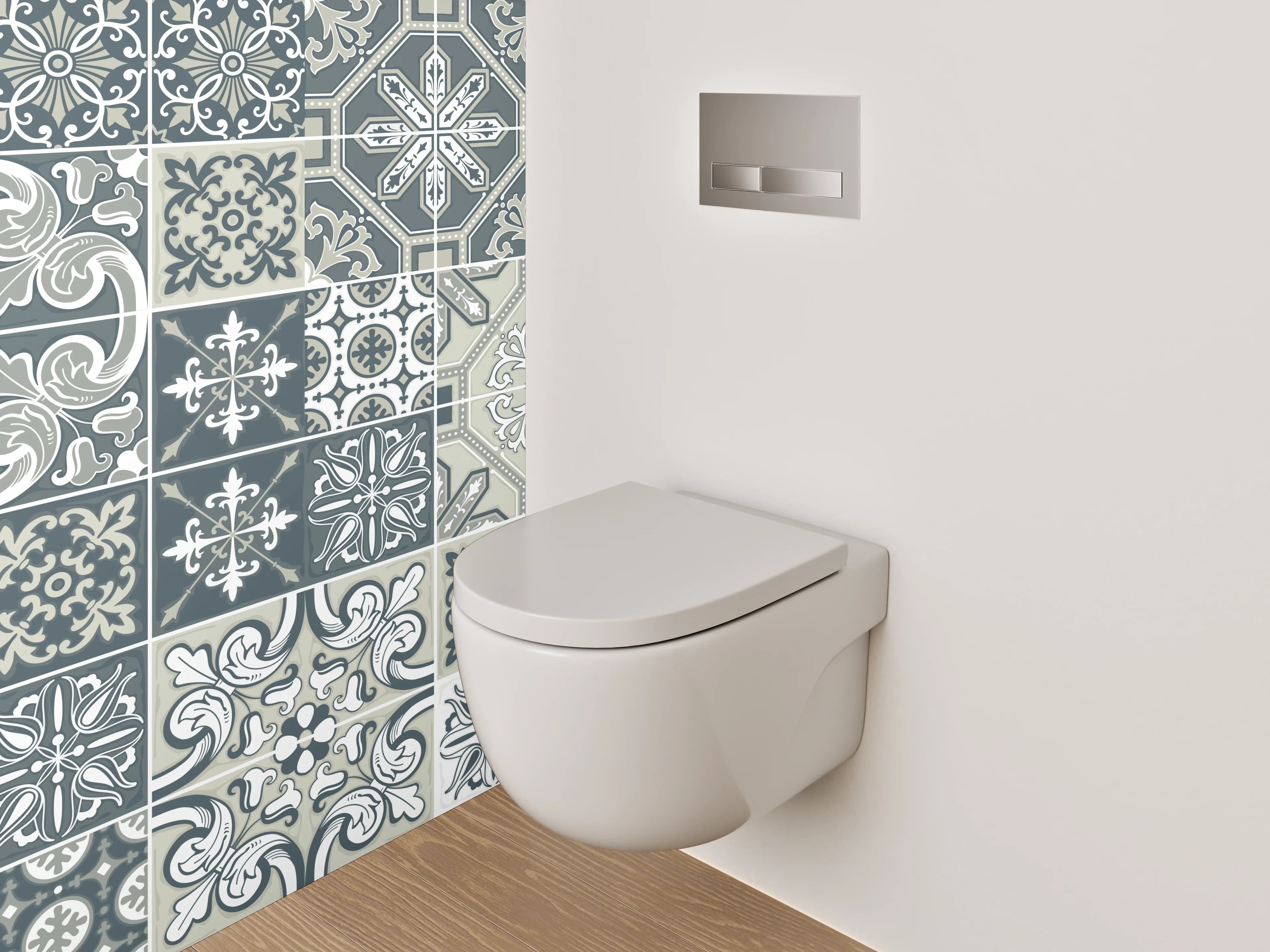 WC-Rückwand - Vintage Muster Fliesen Grau Weiß