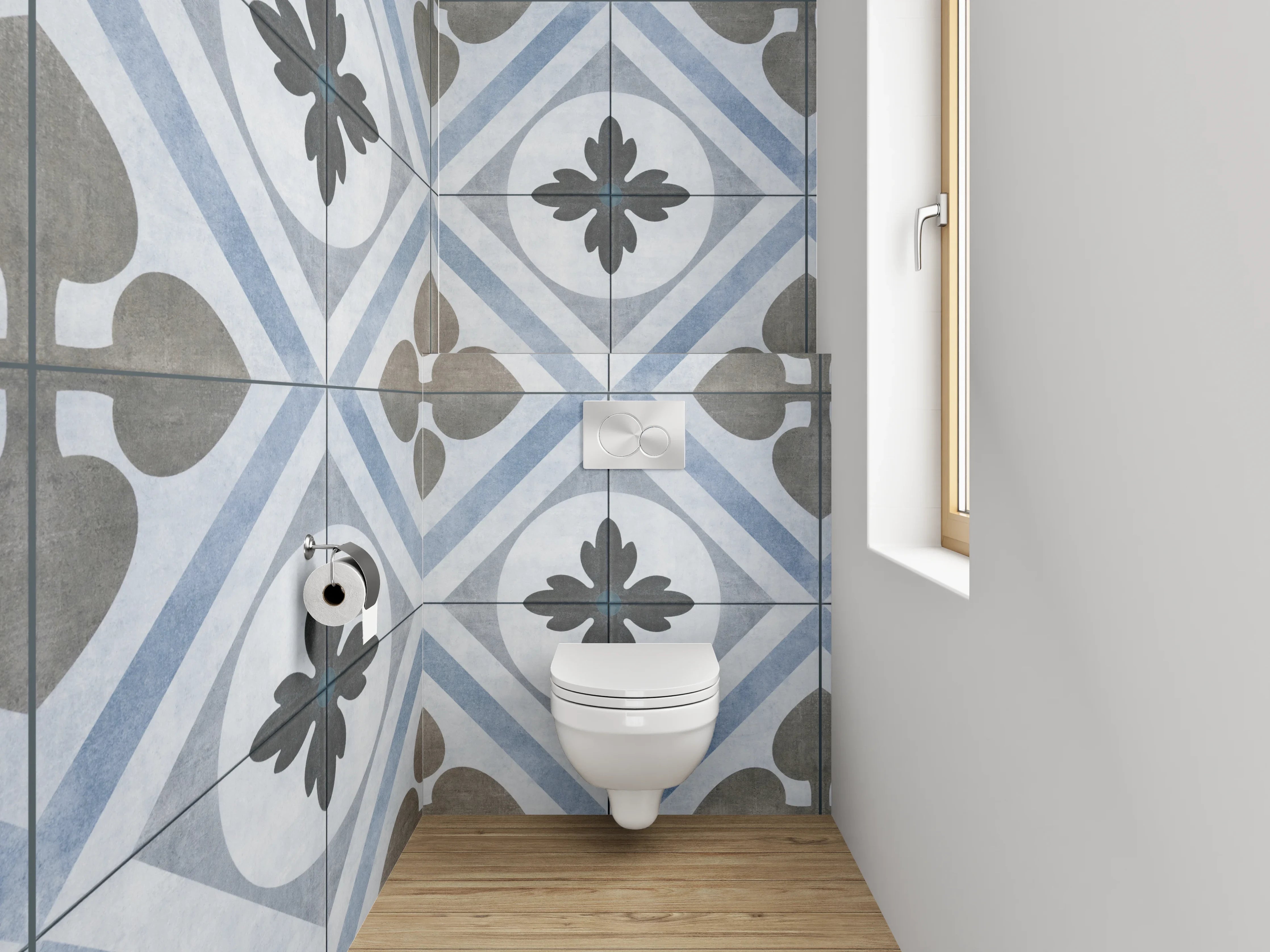 WC-Rückwand - Vintage-Optik Fliesenmuster Blau-Grau