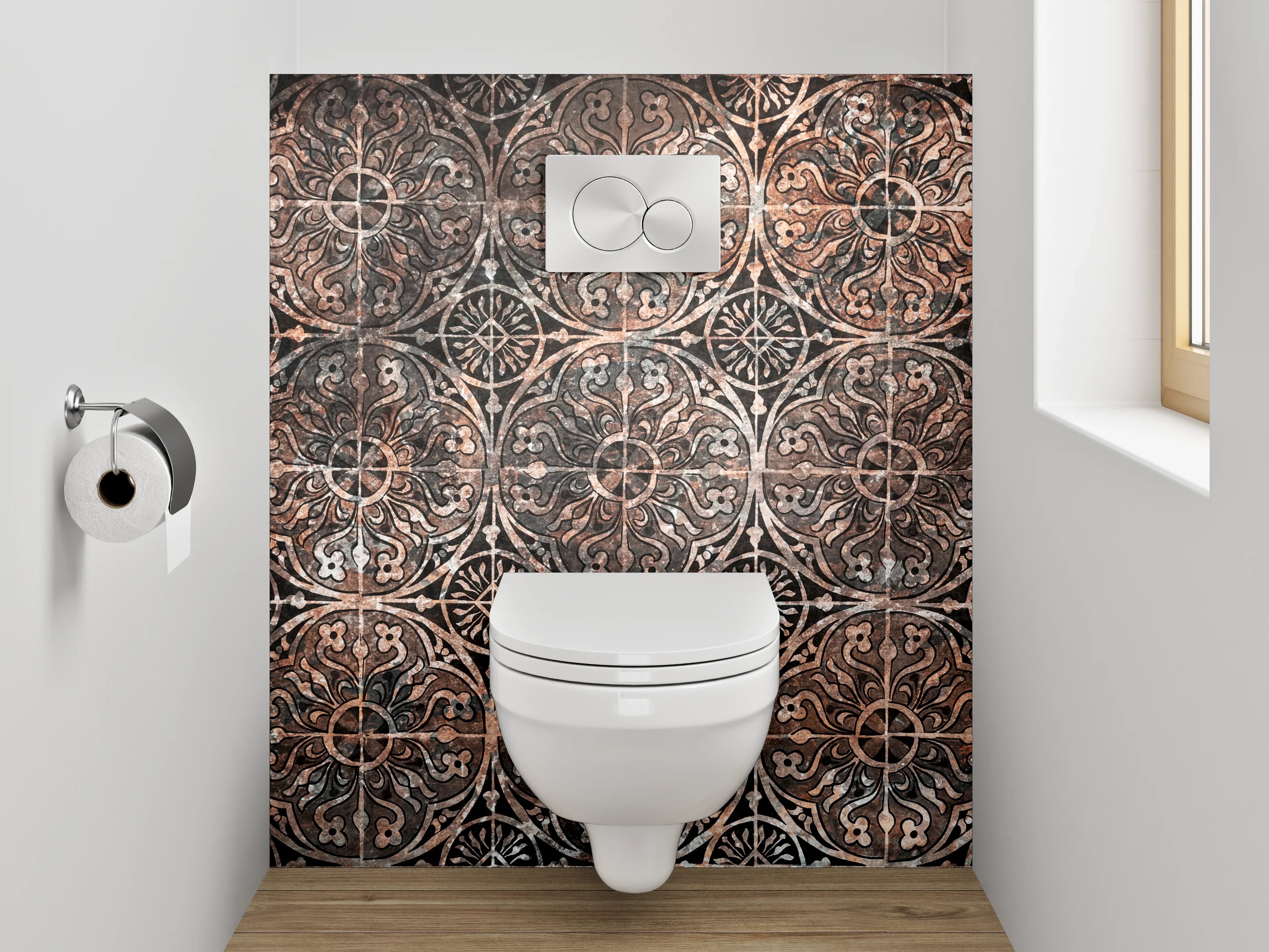 WC-Rückwand - Vintage Ornamentfliesen Kupferbraun Dekor