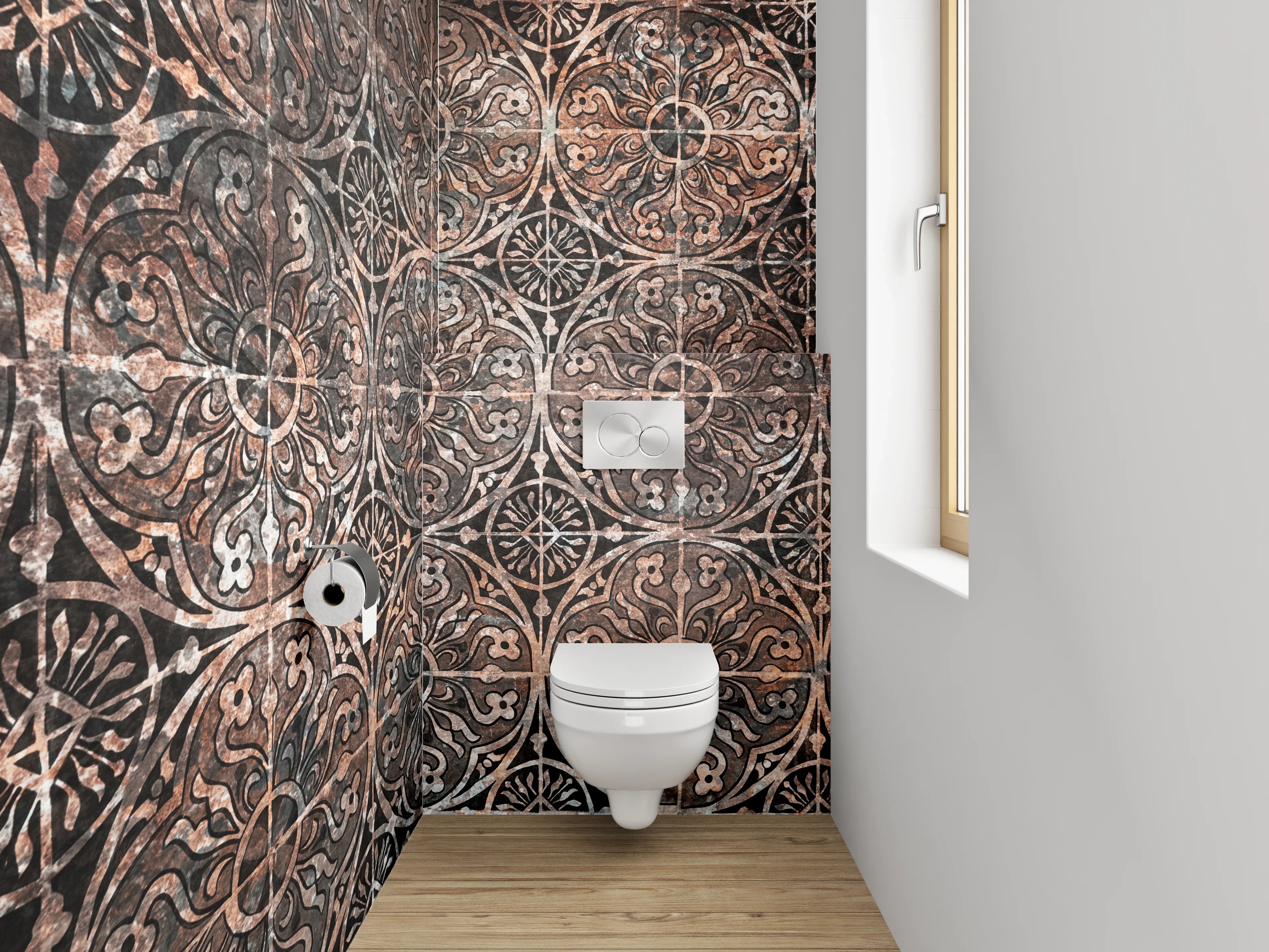 WC-Rückwand - Vintage Ornamentfliesen Kupferbraun Dekor
