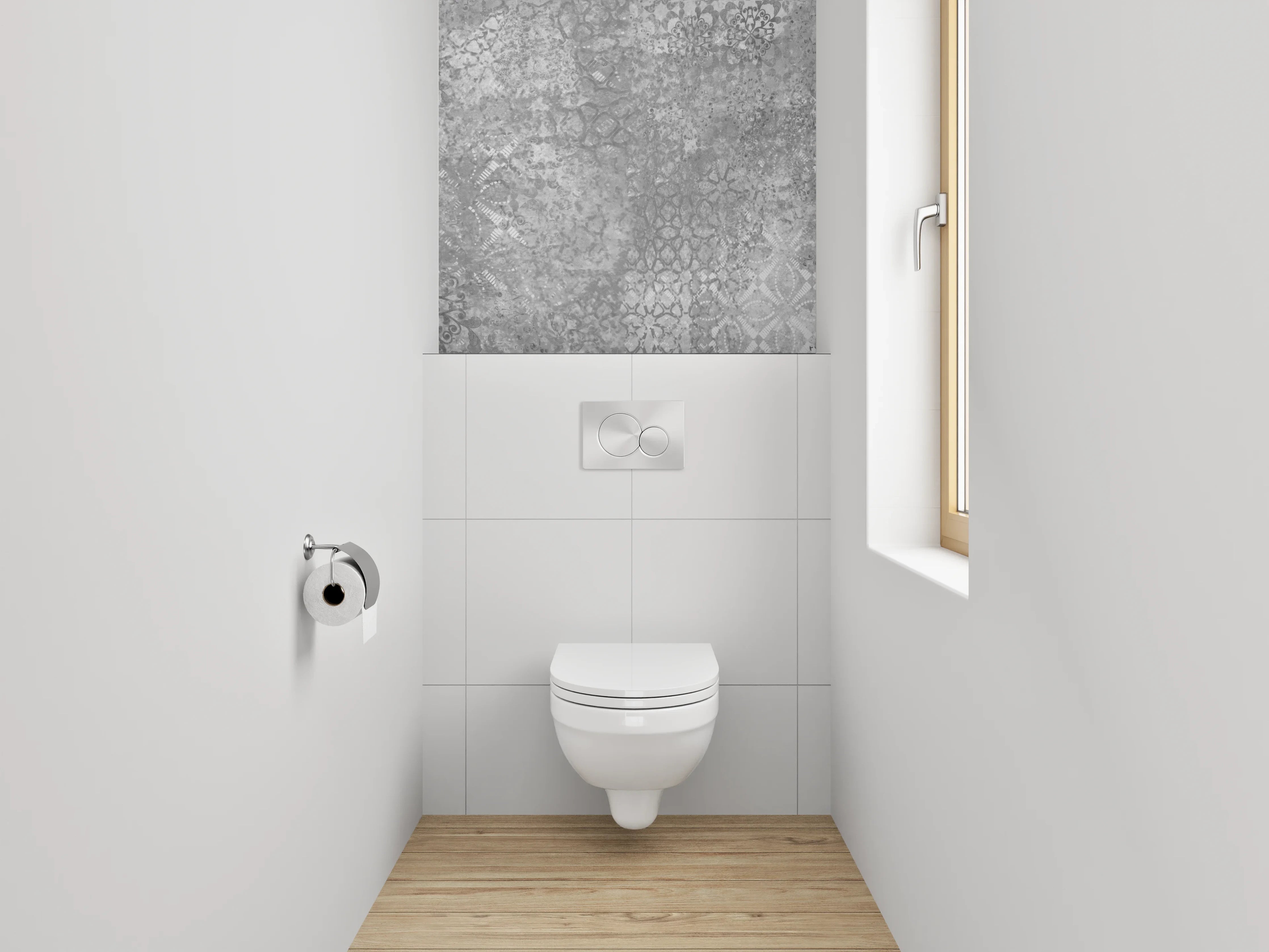 WC-Rückwand - Vintage Patchwork Fliesen Grau Weiß
