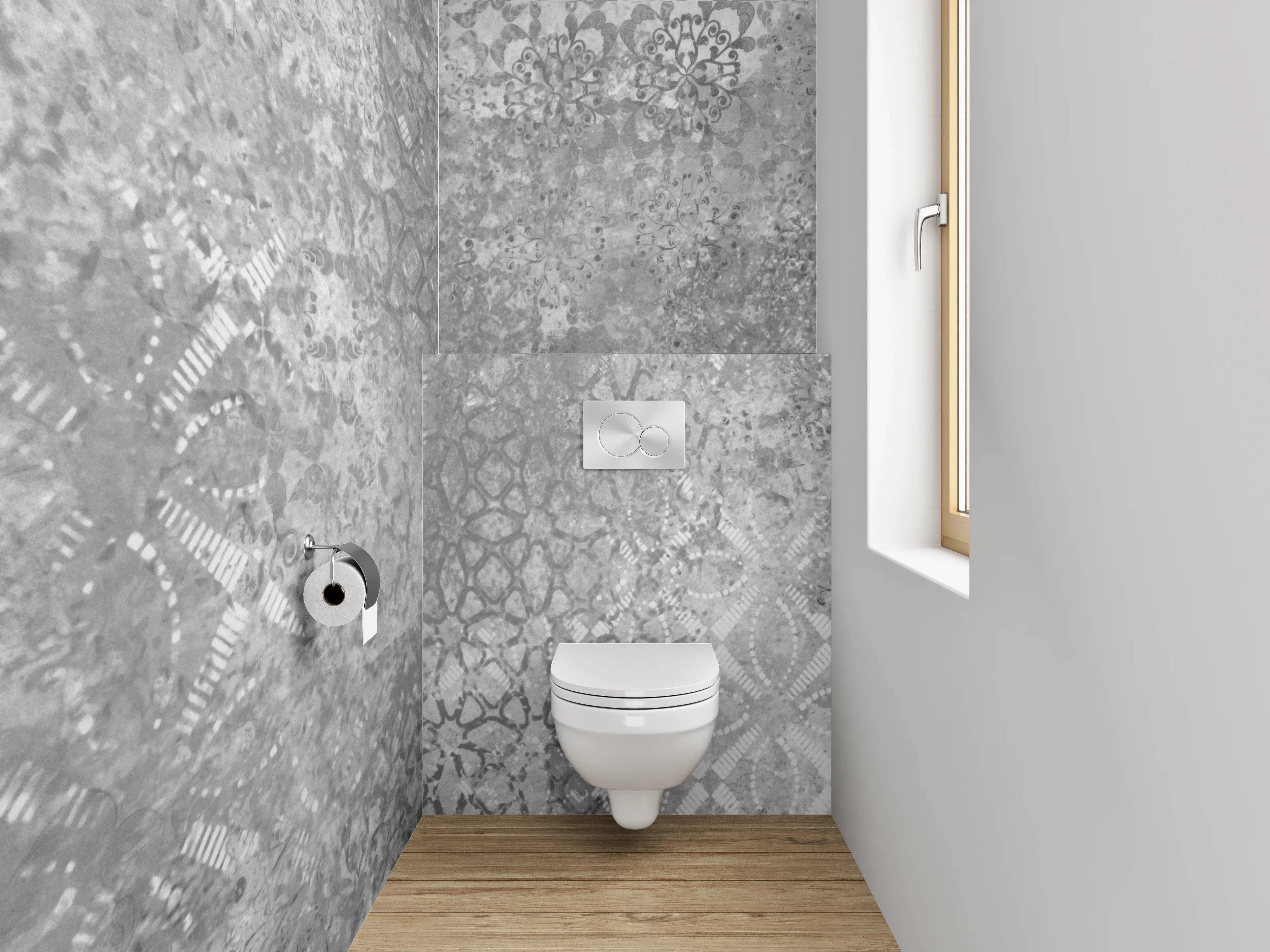 WC-Rückwand - Vintage Patchwork Fliesen Grau Weiß