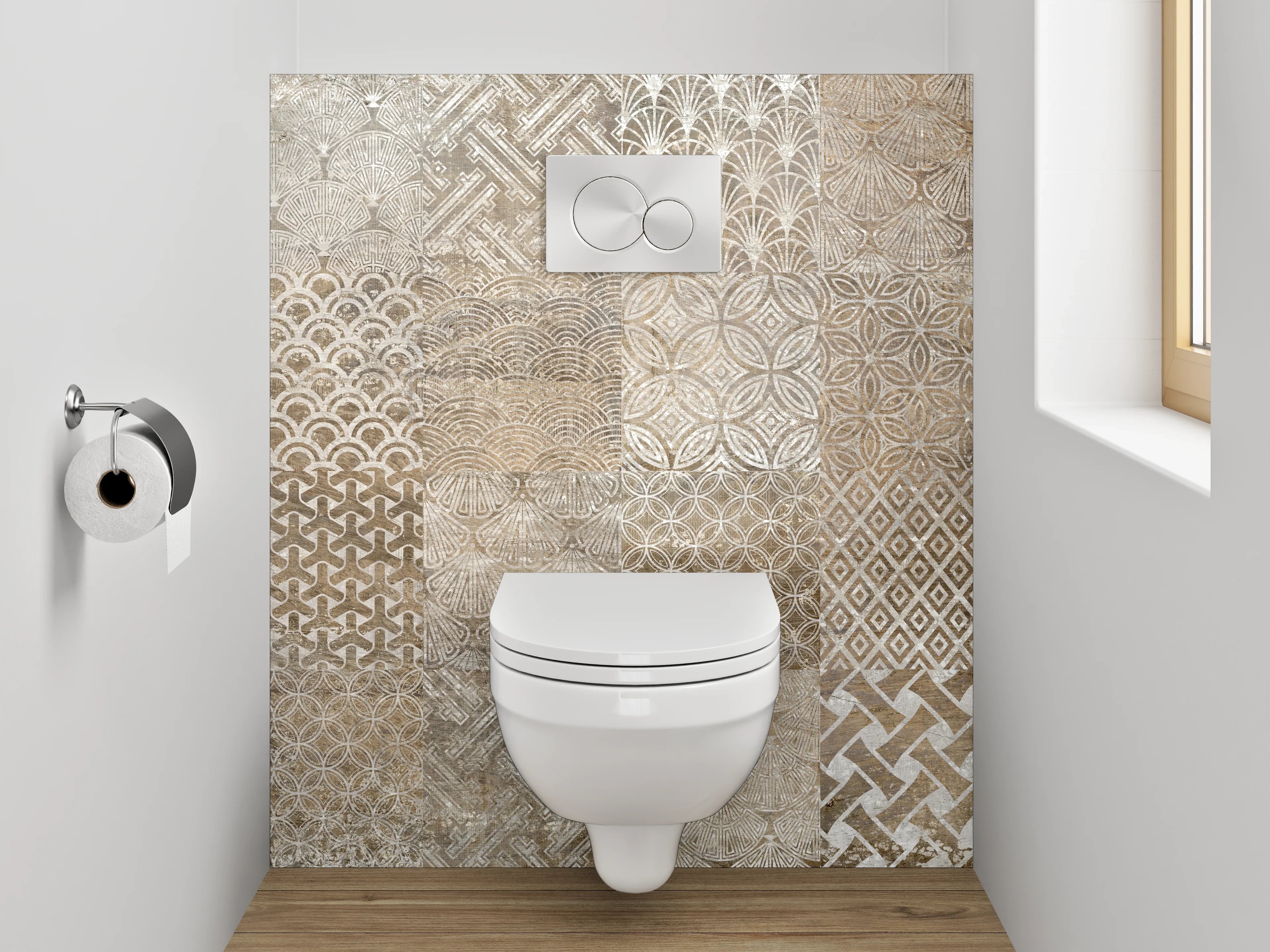 WC-Rückwand - Vintage Patchwork Fliesenmuster Braun Beige