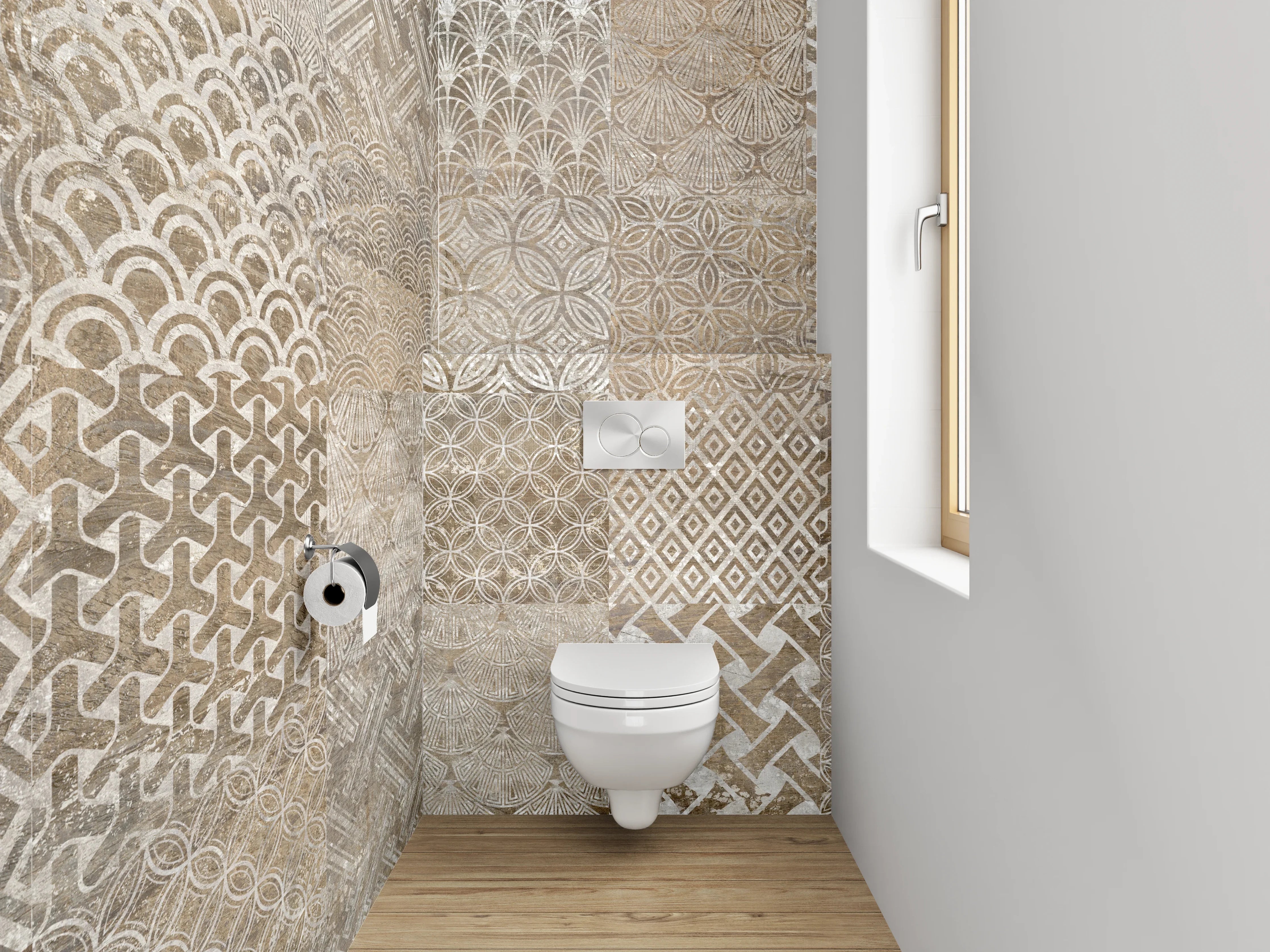 WC-Rückwand - Vintage Patchwork Fliesenmuster Braun Beige