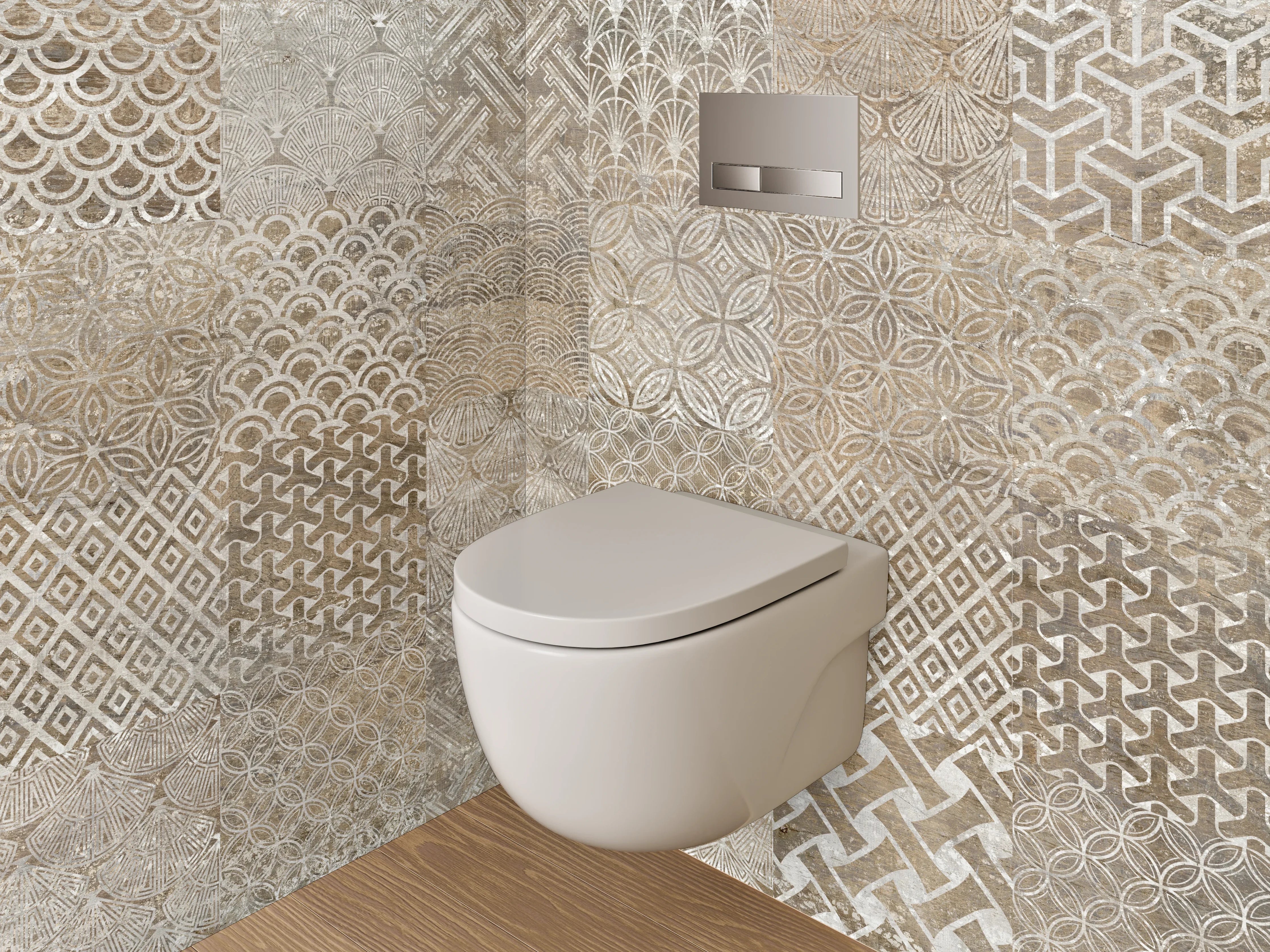 WC-Rückwand - Vintage Patchwork Fliesenmuster Braun Beige