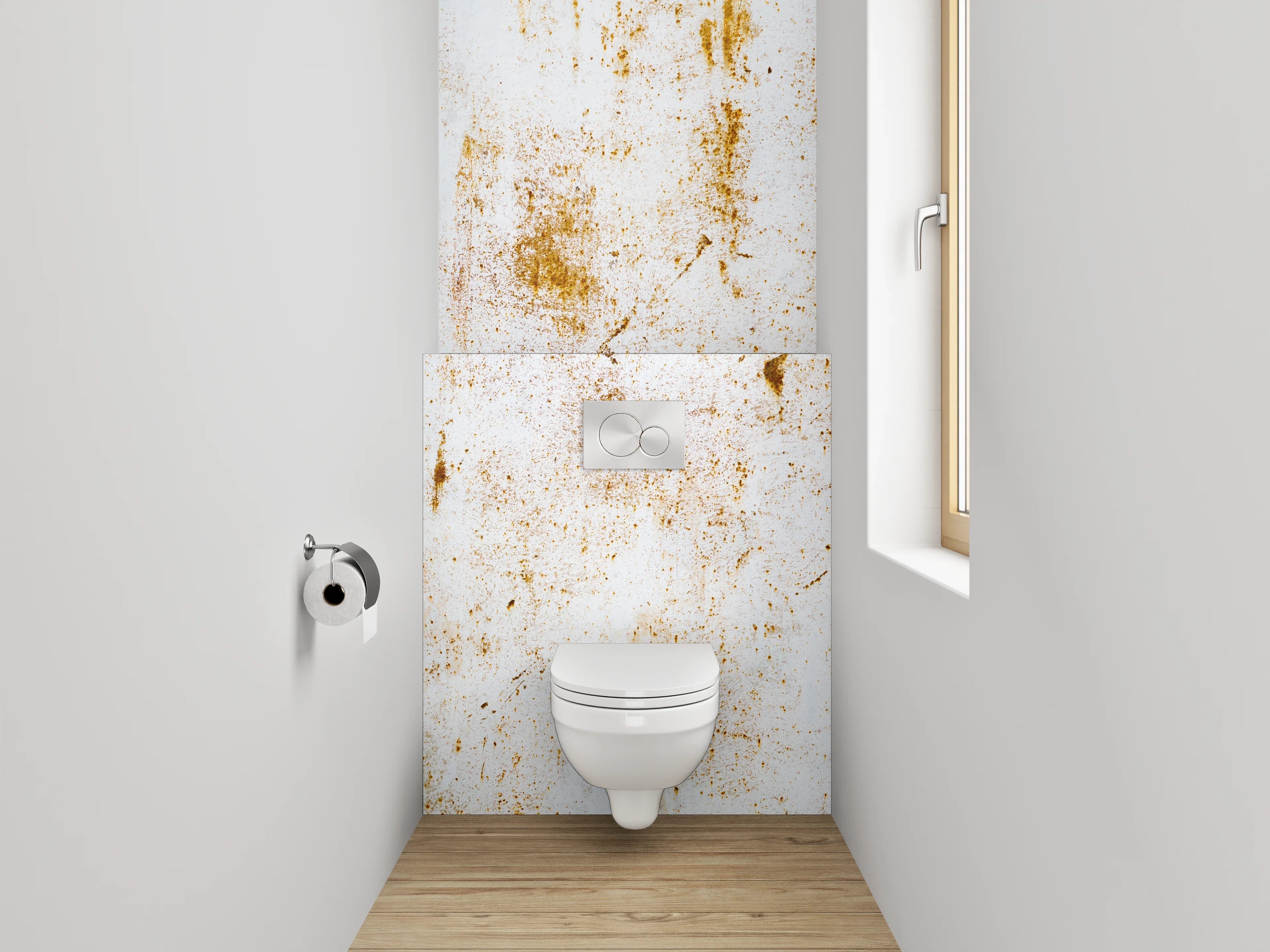 WC-Rückwand - Vintage Patina auf weißer Oberfläche