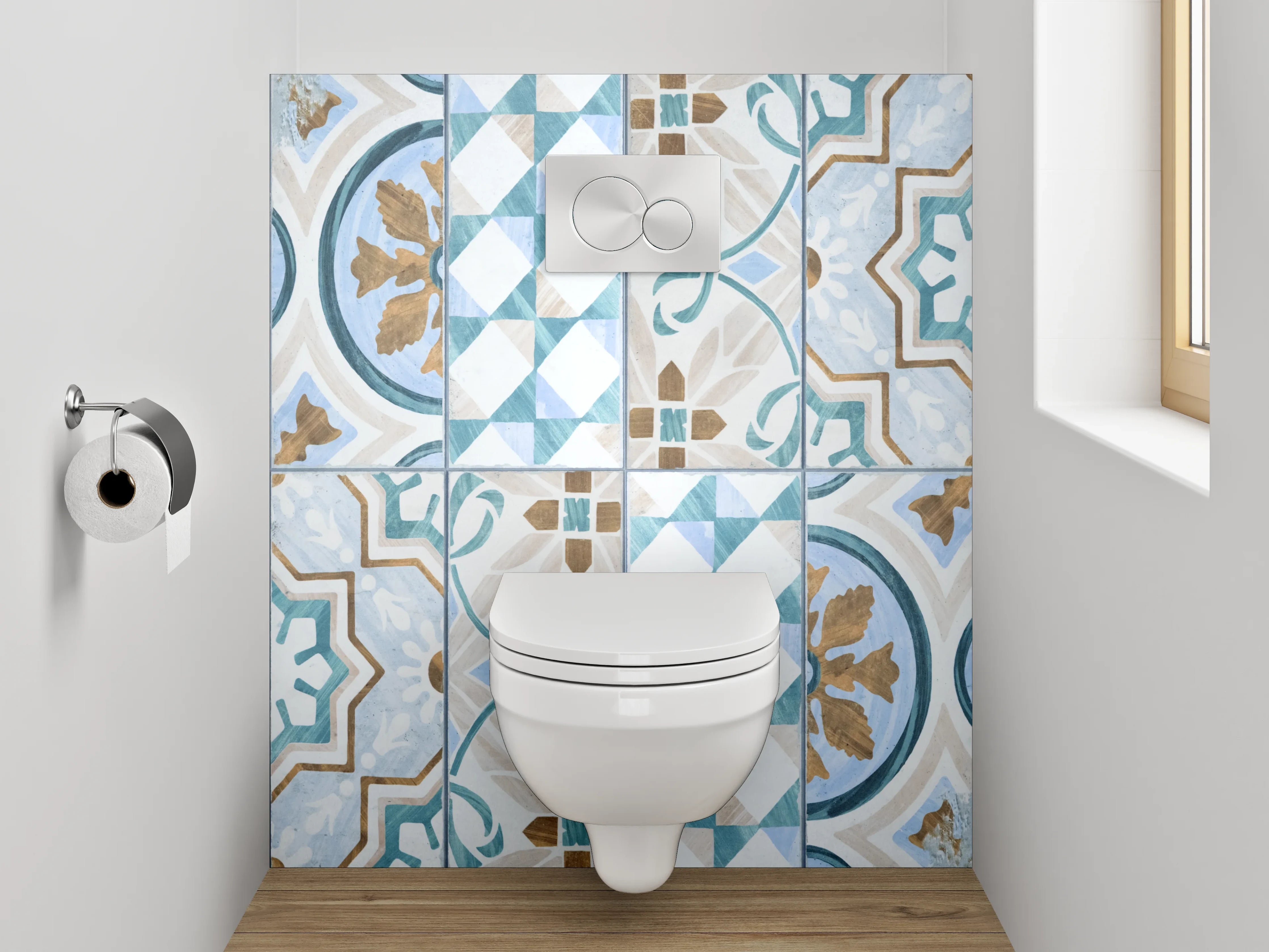 WC-Rückwand - Vintage Retro Fliesenmuster Blau Braun