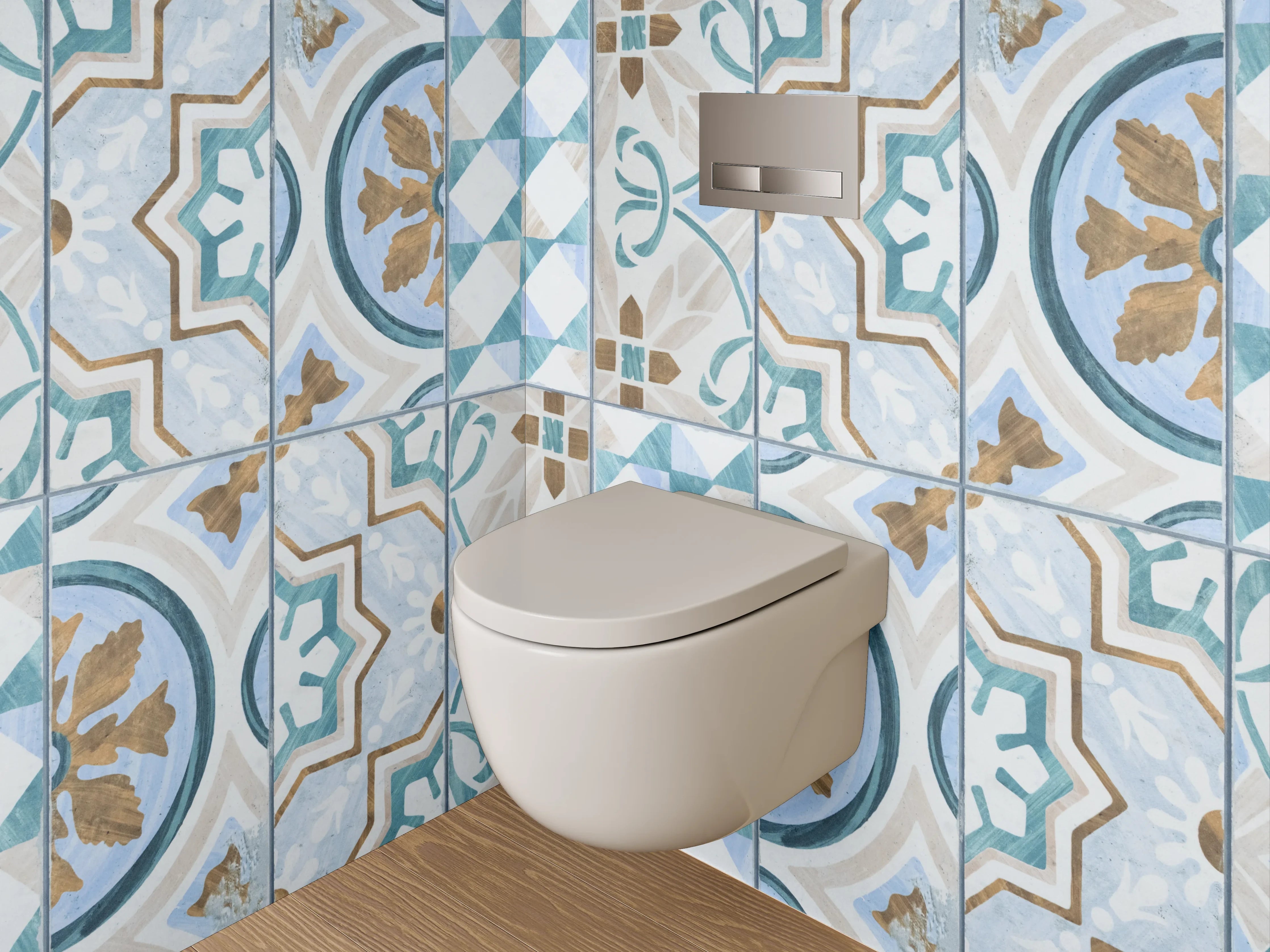 WC-Rückwand - Vintage Retro Fliesenmuster Blau Braun