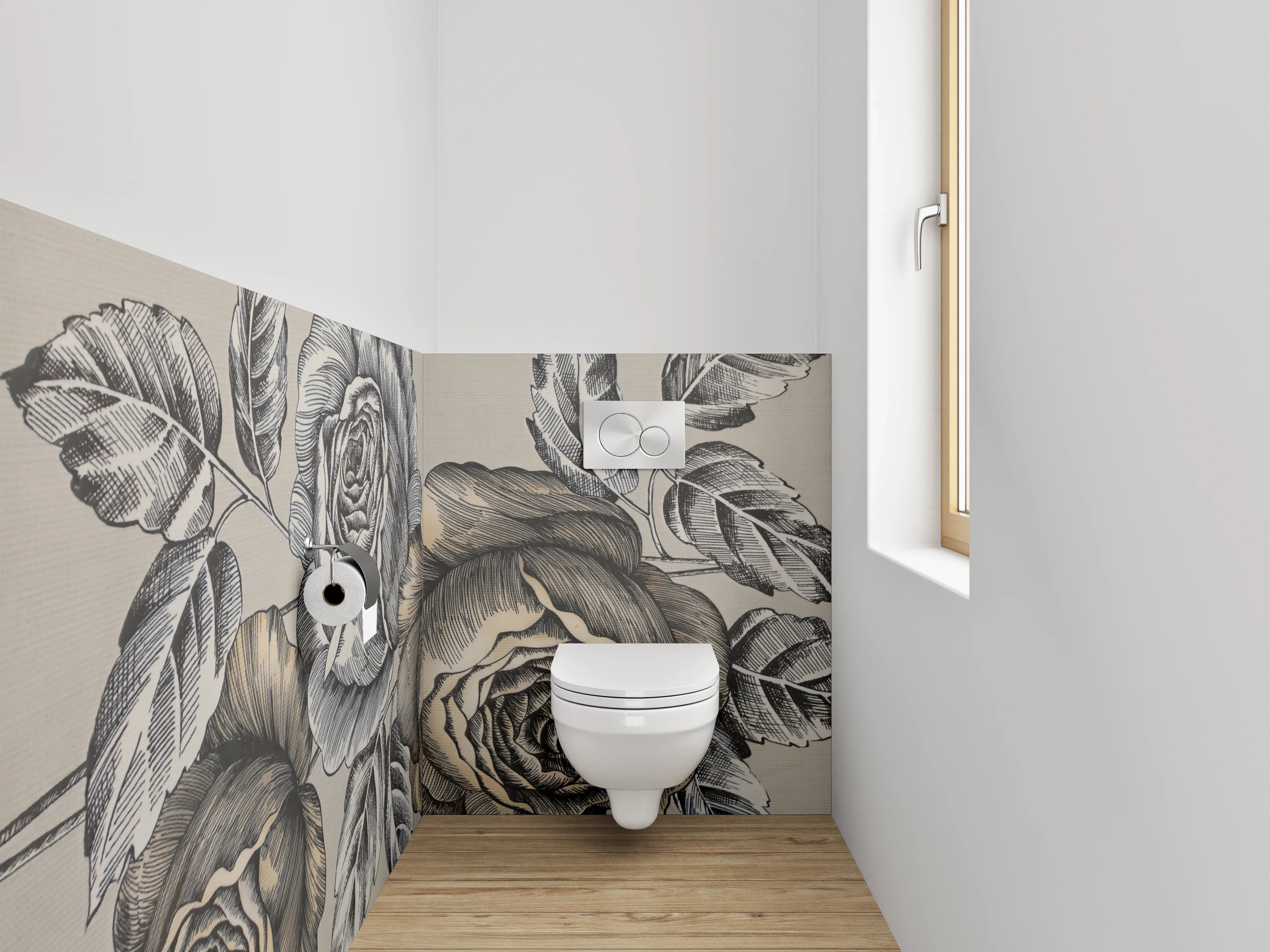 WC-Rückwand - Vintage Rosen Schwarz-Weiß Illustration