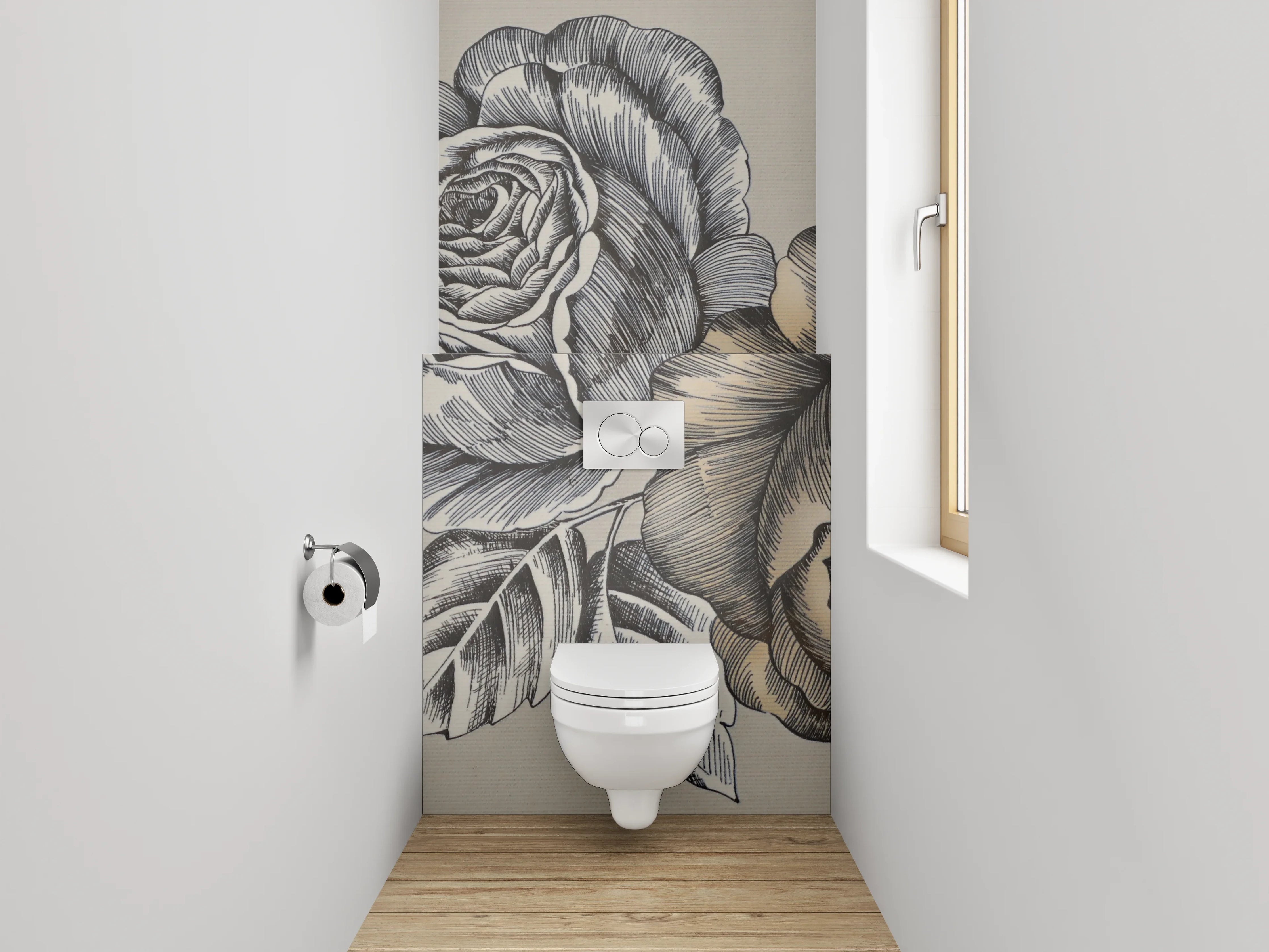 WC-Rückwand - Vintage Rosen Schwarz-Weiß Illustration