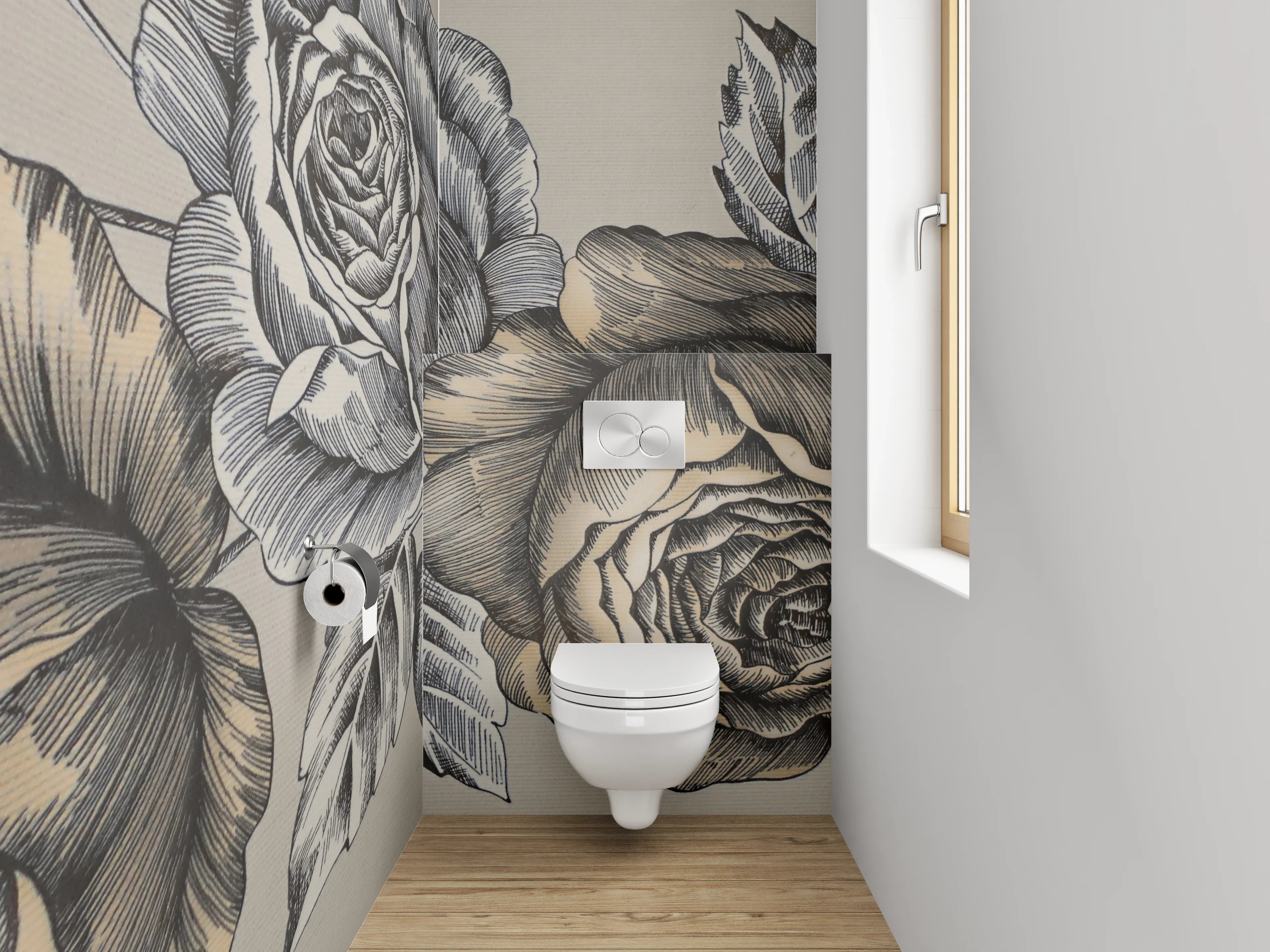 WC-Rückwand - Vintage Rosen Schwarz-Weiß Illustration