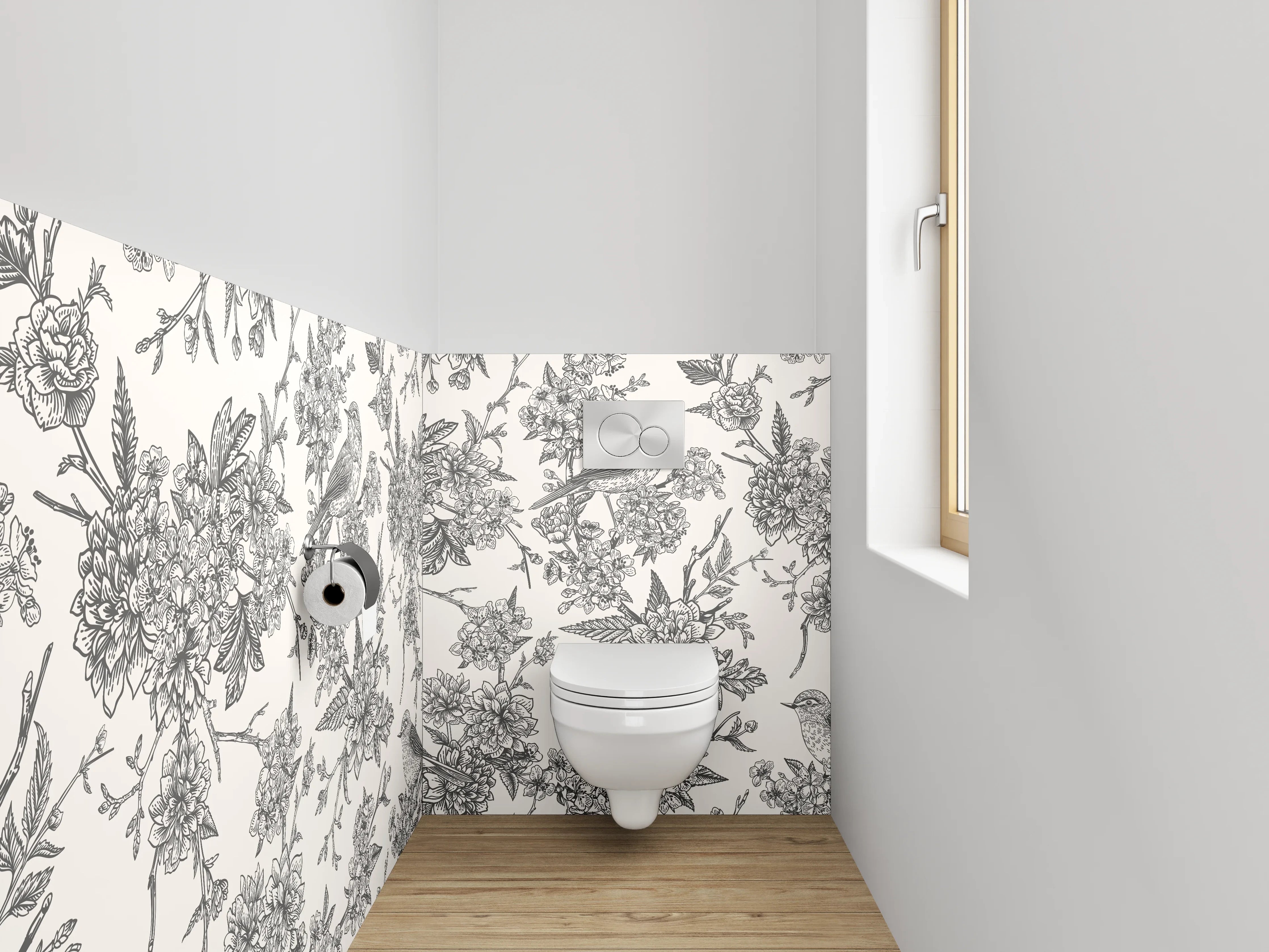 WC-Rückwand - Vintage Schwarz-Weiß Vögel und Blumen