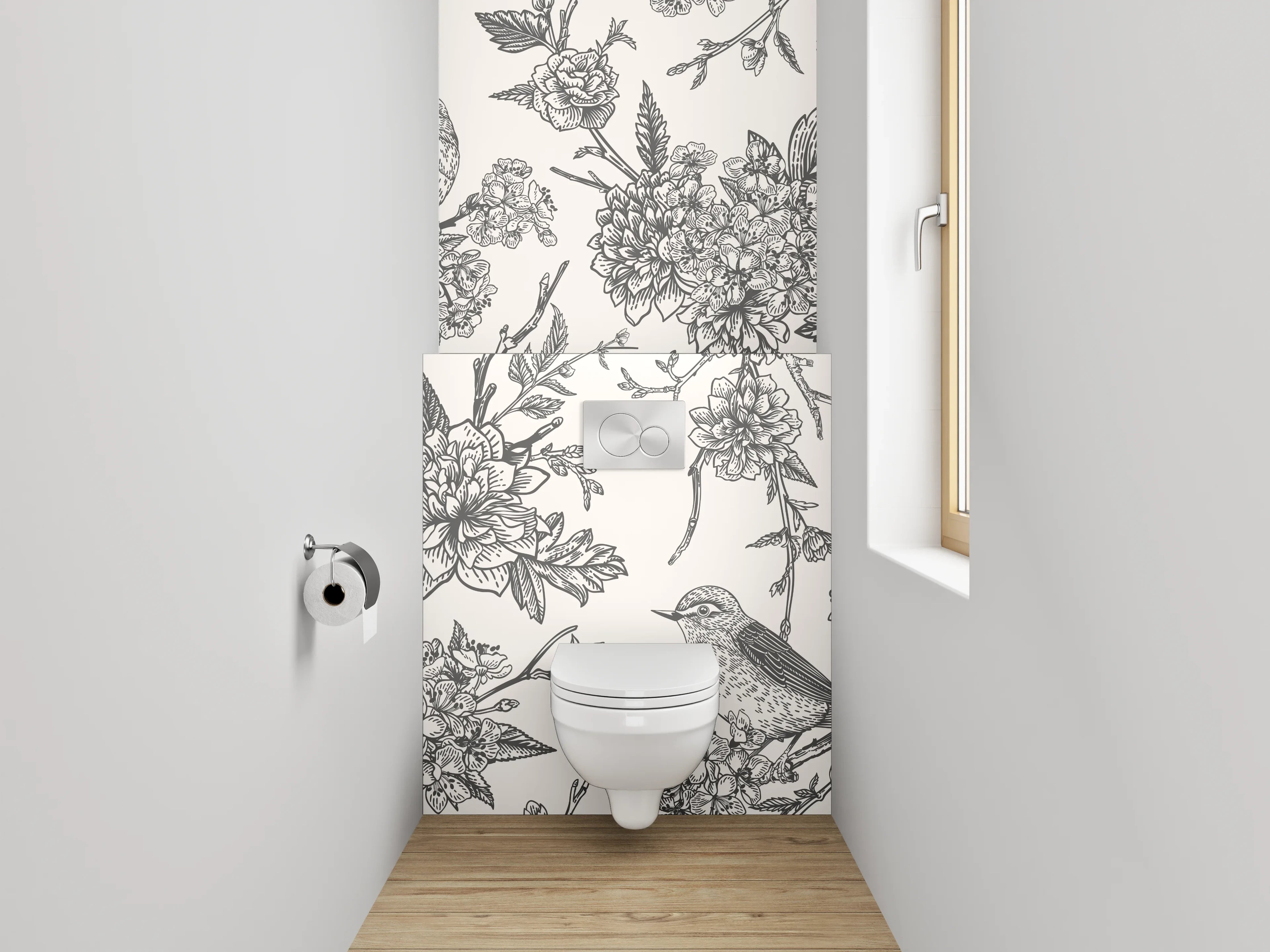 WC-Rückwand - Vintage Schwarz-Weiß Vögel und Blumen