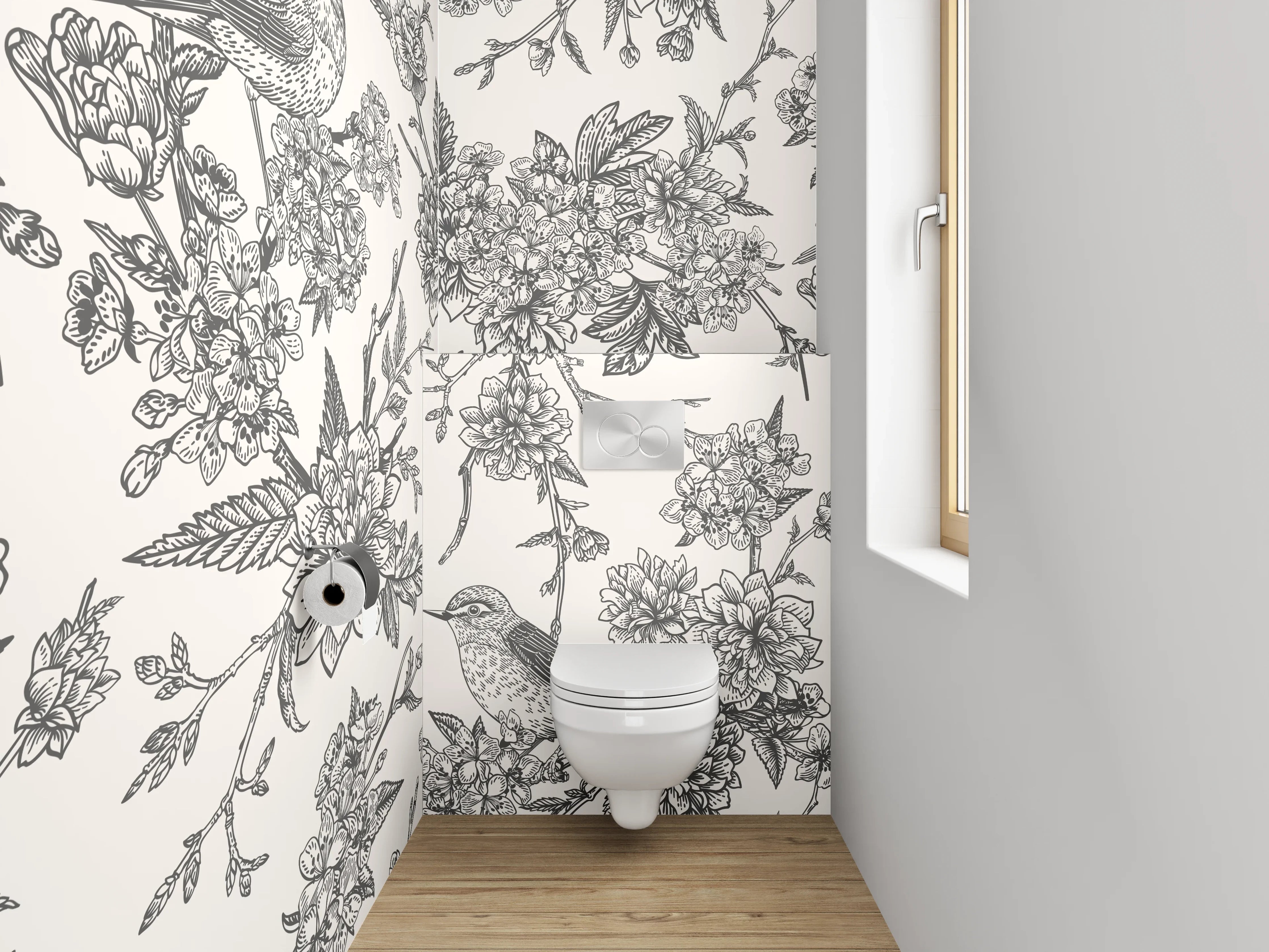 WC-Rückwand - Vintage Schwarz-Weiß Vögel und Blumen